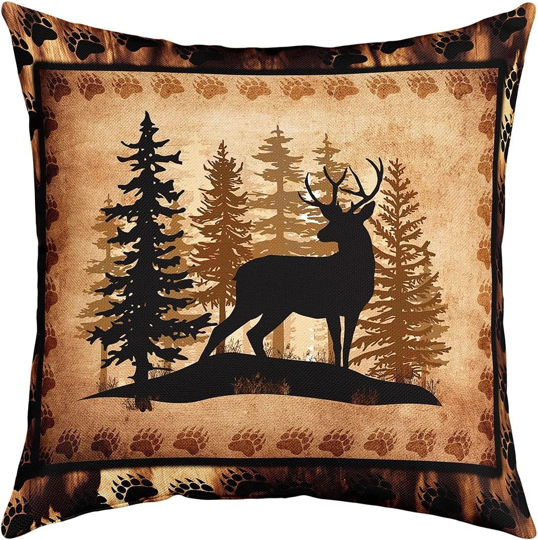 Juego de 4 fundas de almohada vintage de oso, funda de cojín de caza de ciervos de cabaña para decoración del hogar, sala de estar, funda de cojín