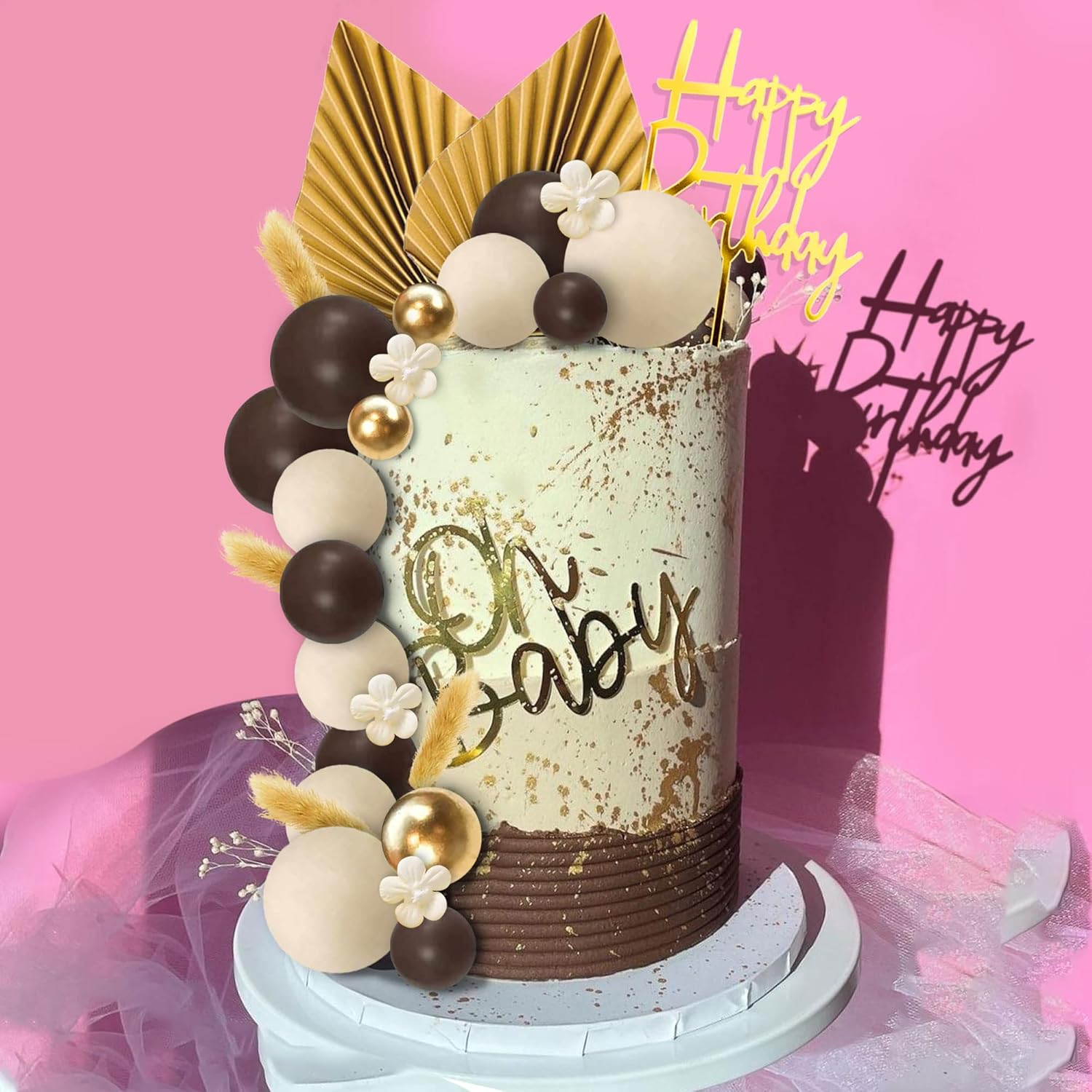 29 piezas de decoración de pasteles de flores bohemias para bodas, baby shower, niños y niñas, suministros de fiesta temática de cumpleaños (marrón