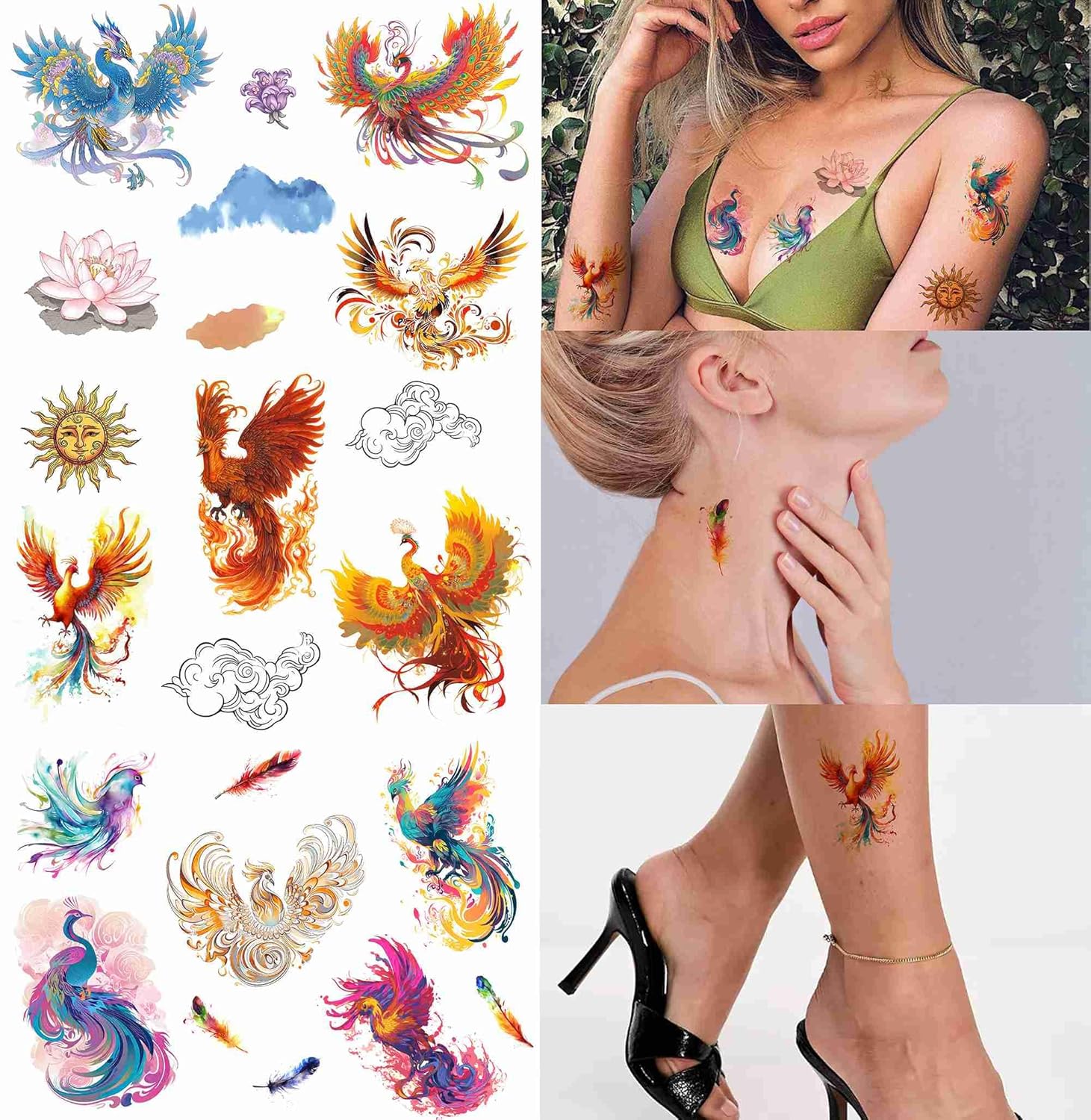 Tattoonova 18 hojas de tatuajes temporales para mujer, pájaros, fiesta, favores de fiesta de fénixes, manga corporal, cara, loto, tatuajes falsos