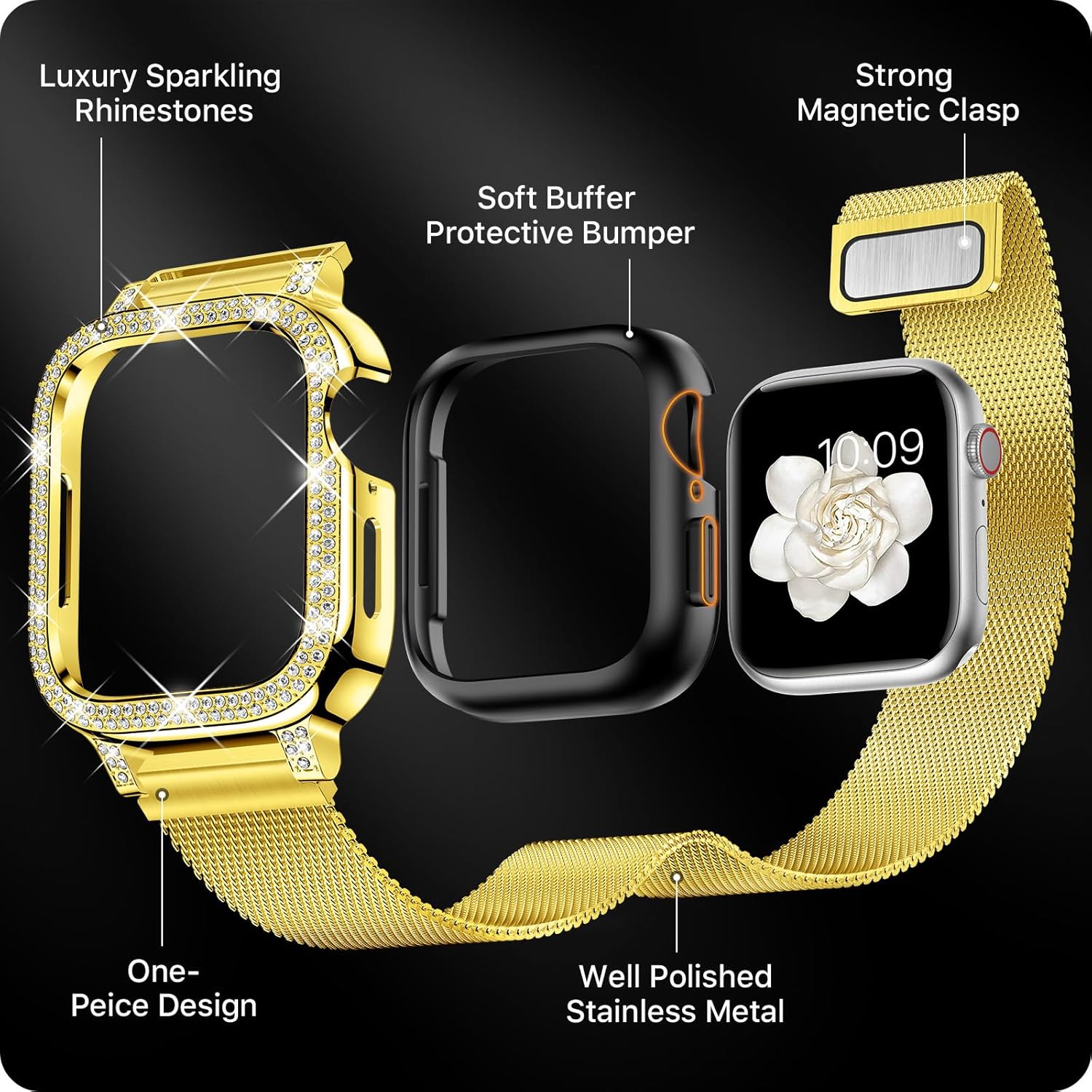 XYF Correas brillantes compatibles con Apple Watch Band de 1.575 pulgadas para mujeres con parachoques, malla de acero inoxidable, magnética, de
