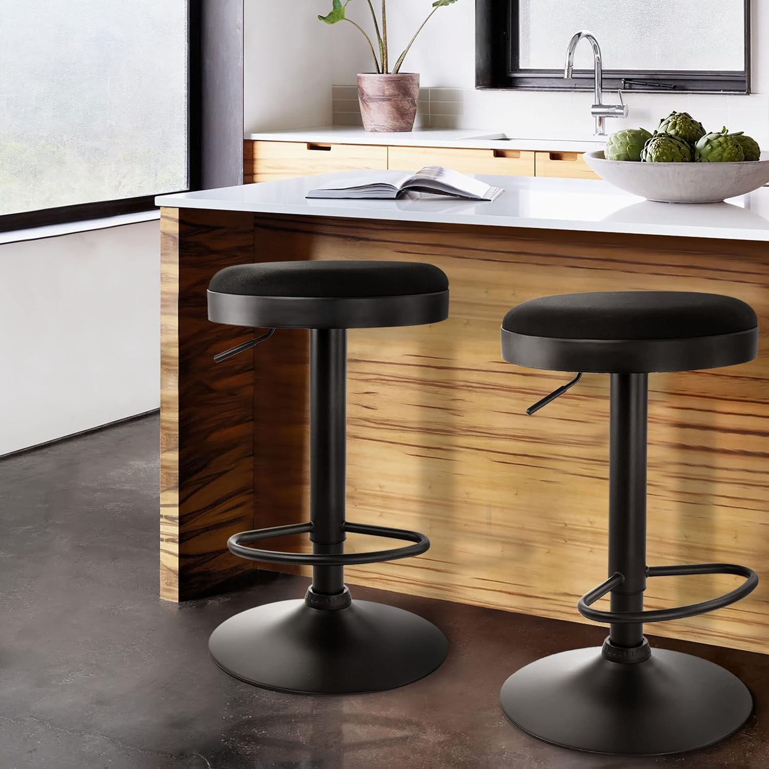 Elama Taburete de bar de tela ajustable sin respaldo de 2 piezas en negro con base negra, (ELM-7229)