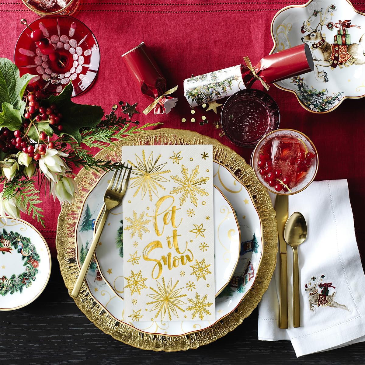 Horaldaily 100 servilletas decorativas de papel desechables de Navidad, Let It de papel blanco como la nieve, toalla de mano de papel dorado para