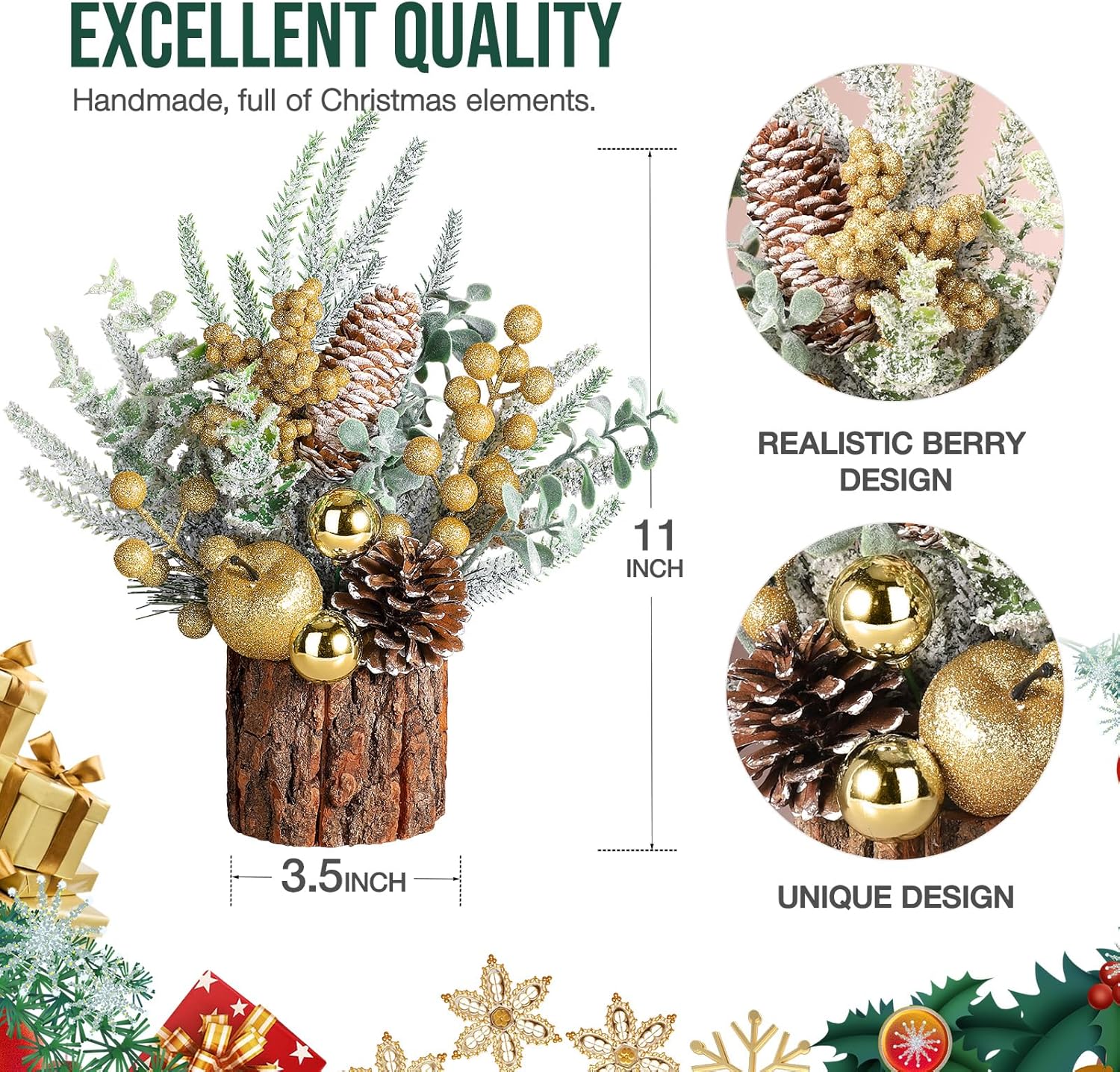 Hatisan Árbol de Navidad pequeño de mesa con adornos, piñas de pino, bayas – redondo dorado