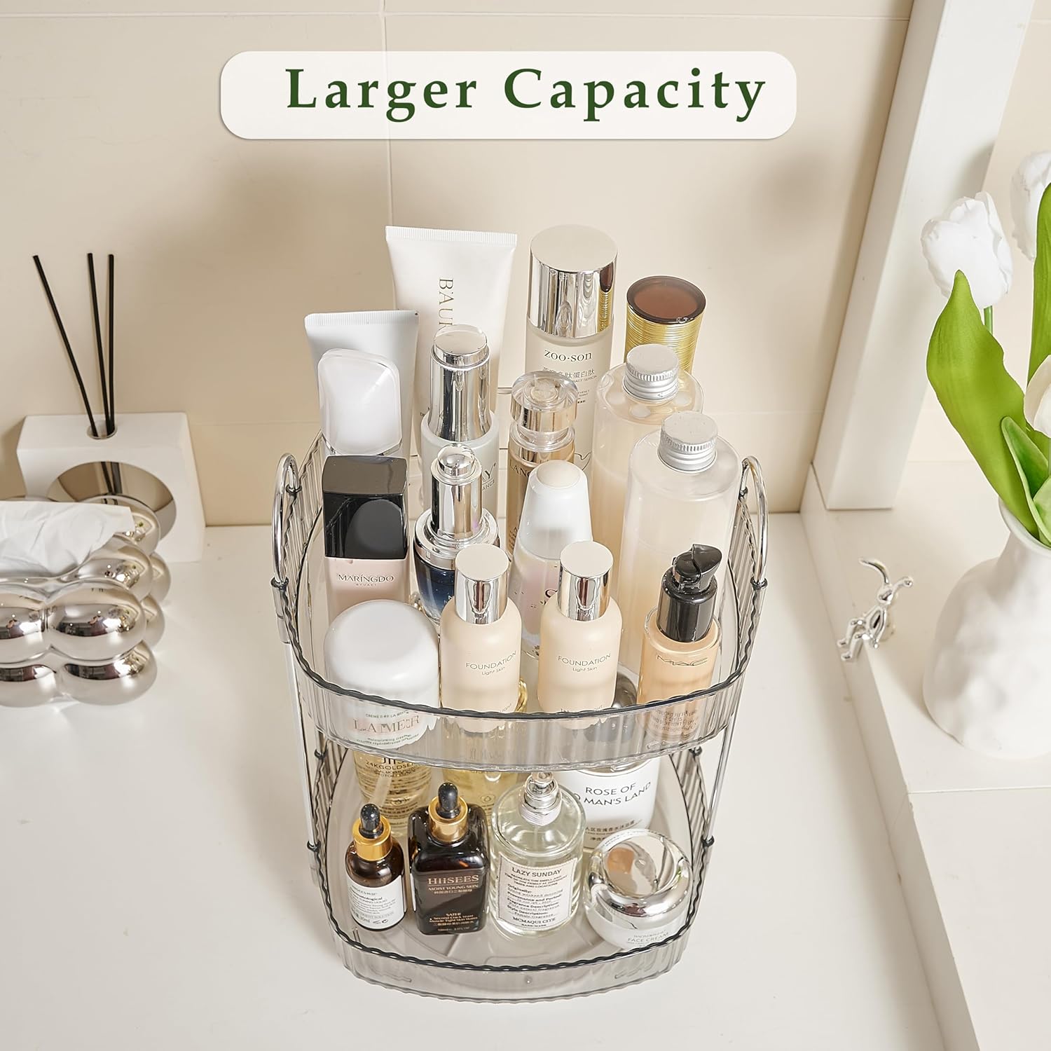 CICUFY Organizador de maquillaje giratorio cuadrado Organizador de contador de baño para cosméticos de cuidado de la piel de perfume – Gris 2 niveles