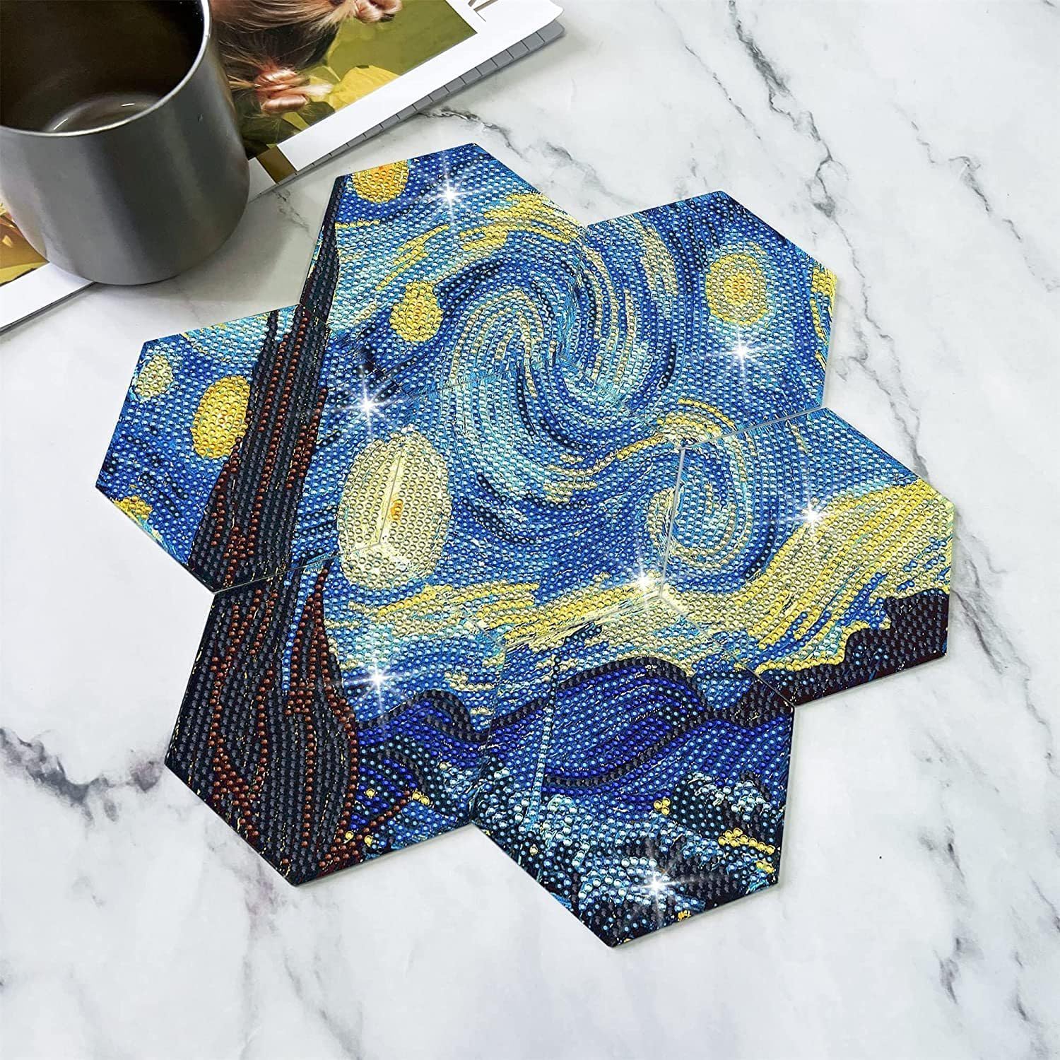 Kits de pintura de diamantes Posavasos Starry Night, 7 posavasos hexagonales de arte de diamantes con soporte, kits de pintura de diamantes pequeños