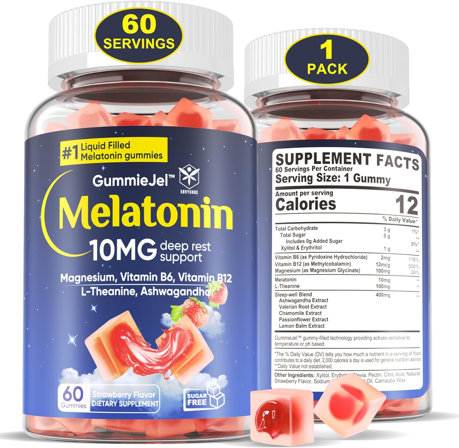 Gomitas de melatonina sin azúcar, 10 mg 20 mg con glicinato de magnesio para adultos, L-teanina, ashwagandha, B6, metilo b12, bálsamo de limón y