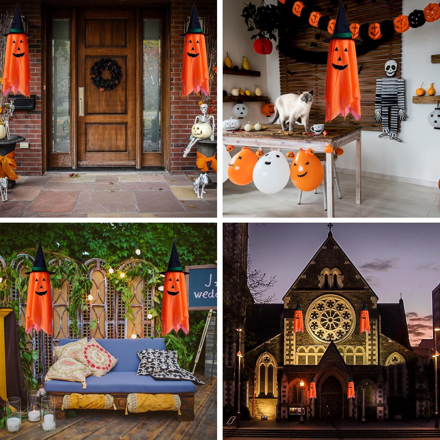 Decoraciones de Halloween para el hogar, paquete de 2 calabazas naranjas preinstaladas, sombrero de mago para decoración de otoño al aire libre,