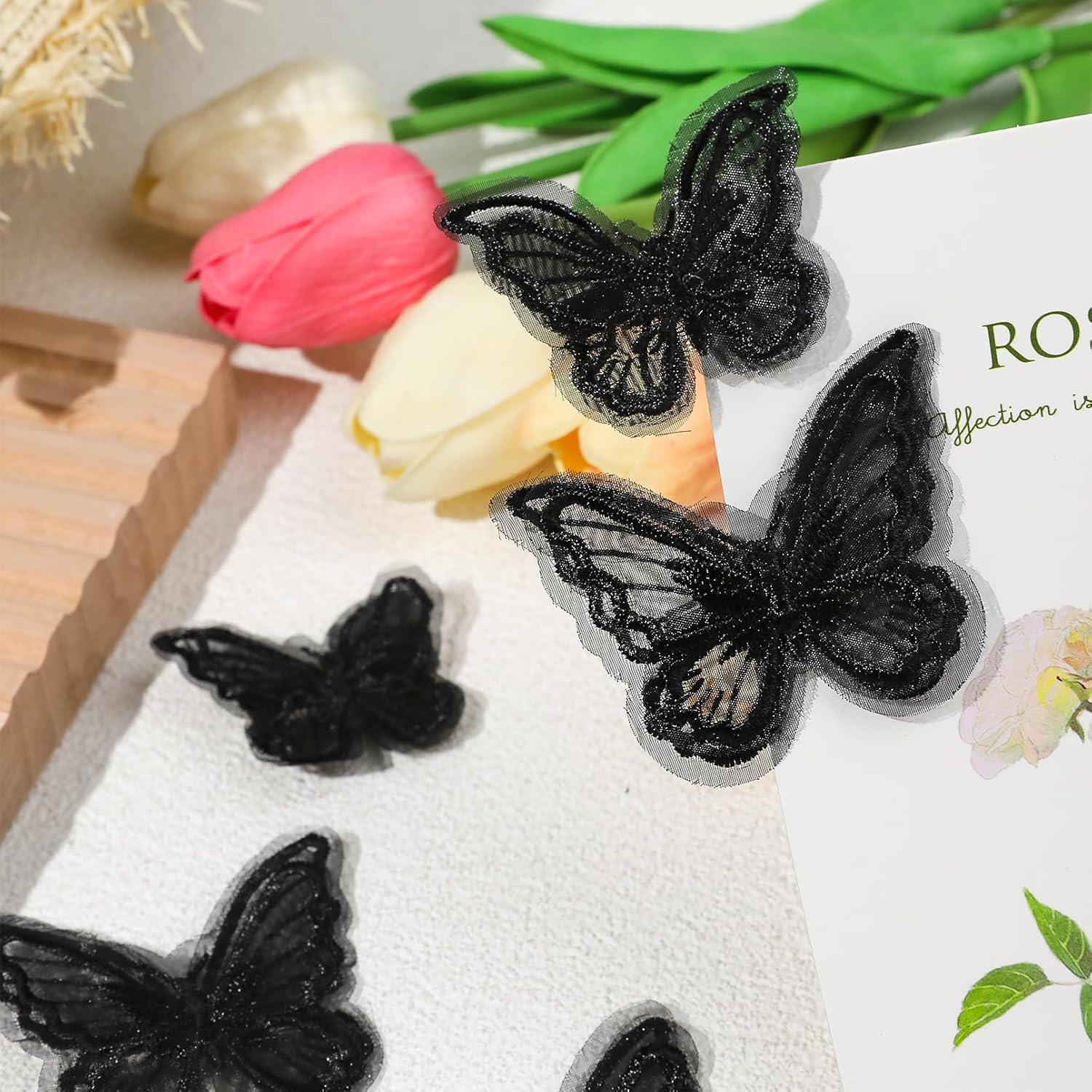 DEEKA 16 pinzas para el cabello de mariposa negra, 2 tamaños, encaje bordado, hechas a mano, pinzas para el cabello de boda, pasador, accesorios