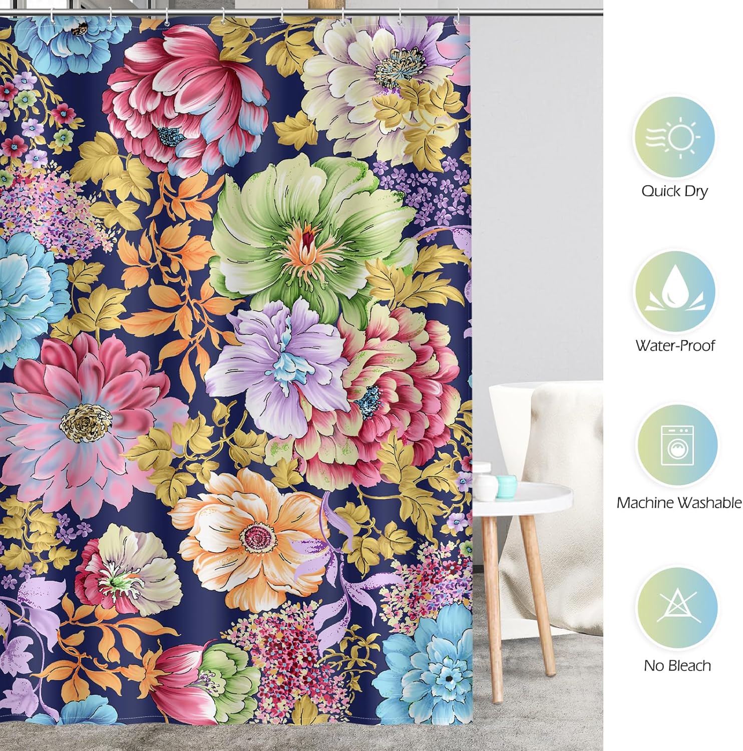 Aimego Cortinas de ducha florales bohemias, juego de cortina de ducha con 12 ganchos para adultos y niños, accesorios de decoración de baño, 72 x 72