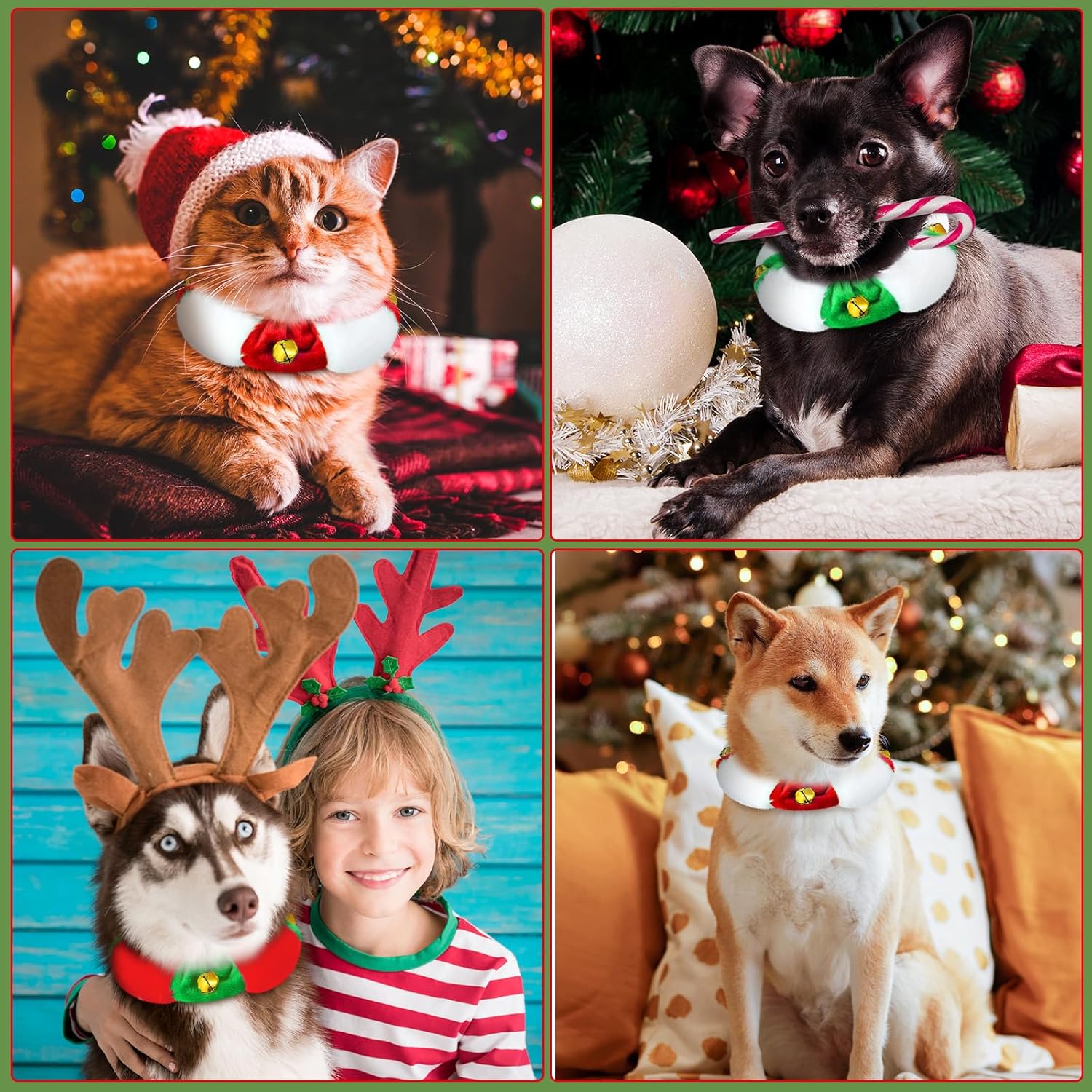 Abbylike 3 piezas de collar navideño de felpa para perro, blanco, rojo, verde, elástico, festivo, día festivo, collar elástico de Navidad para