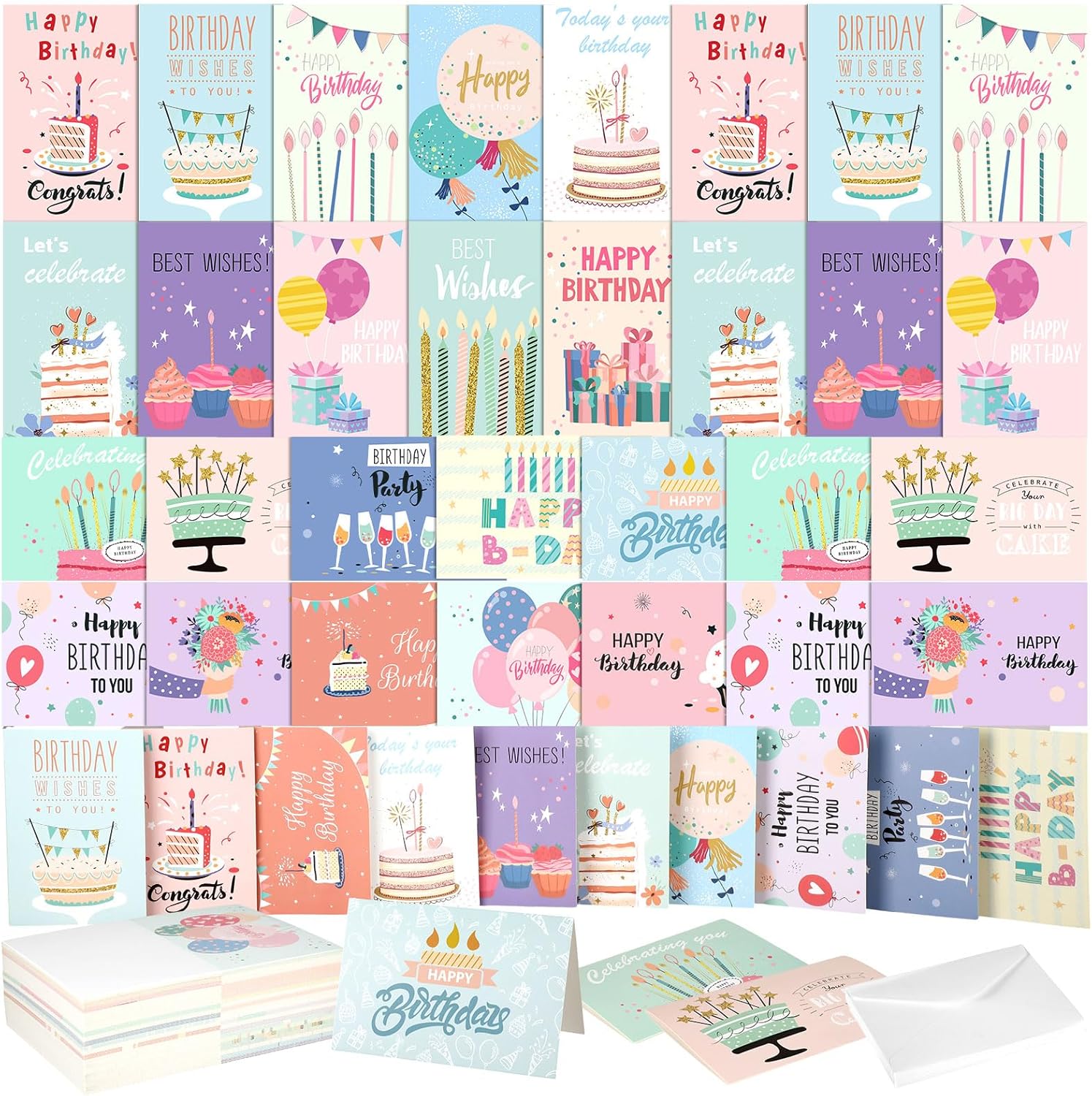 Harloon Paquete de 200 tarjetas de feliz cumpleaños surtidas a granel con sobres en blanco y calcomanías de 4 x 6 pulgadas, tarjetas de felicitación