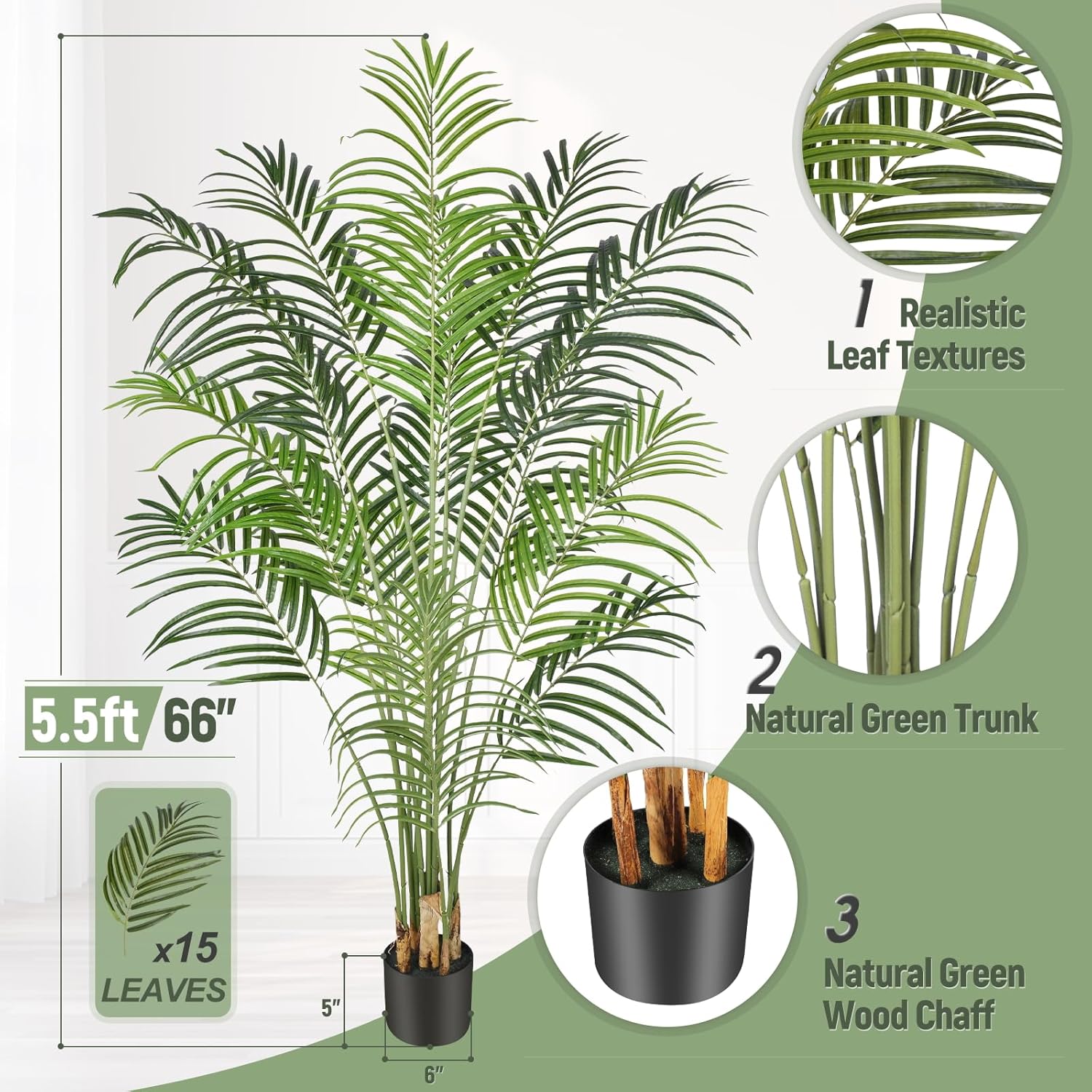 Keeplush Palmera artificial de 5.5 pies de alto, decoración de interiores con 15 troncos y diseño de corteza real, palmera areca tropical sintética