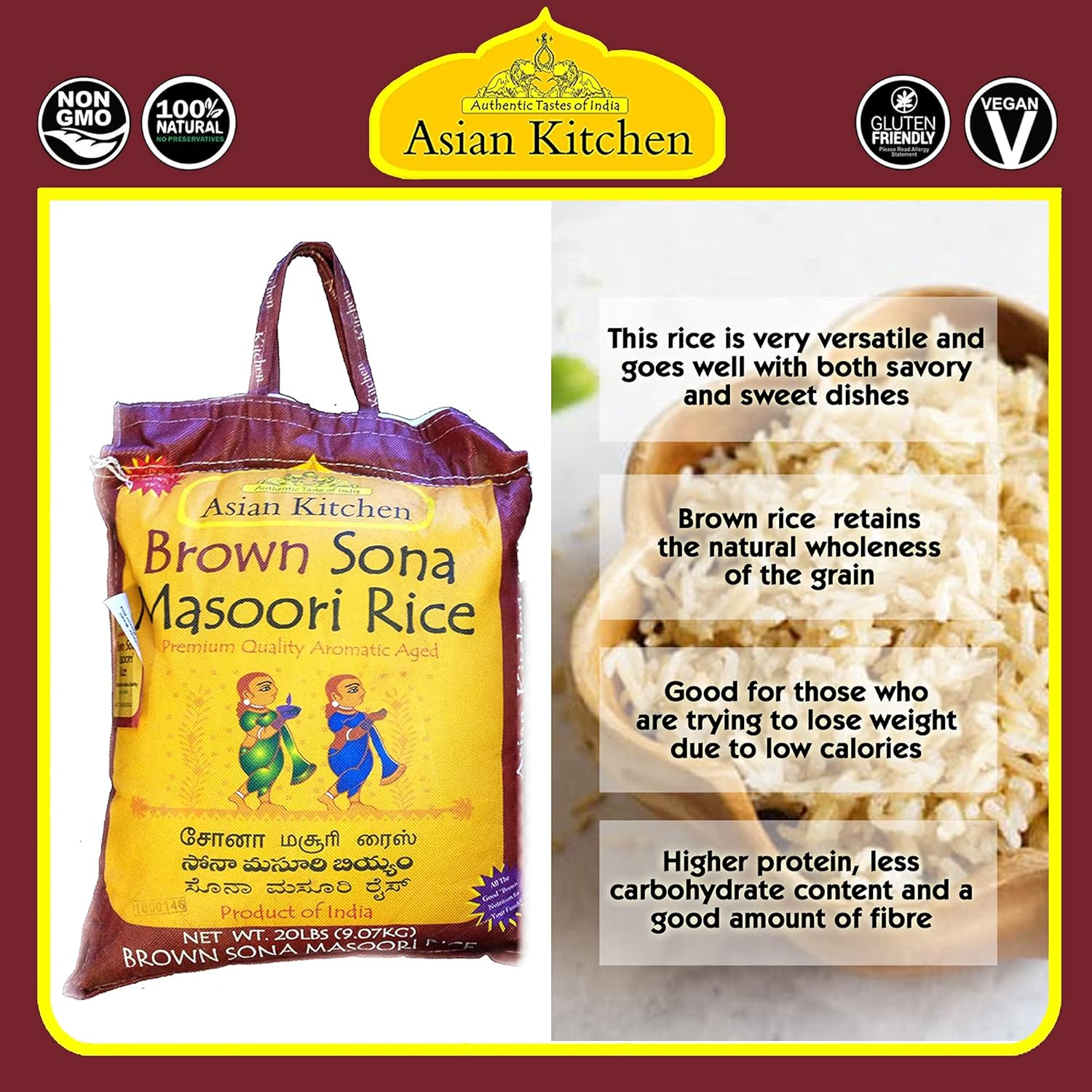 Asian Kitchen Brown Sona Masoori Arroz envejecido Bolsa de 4 libras, 4 libras (4.0 lbs) Arroz de grano corto  Todo natural  Apto para gluten  Vegano