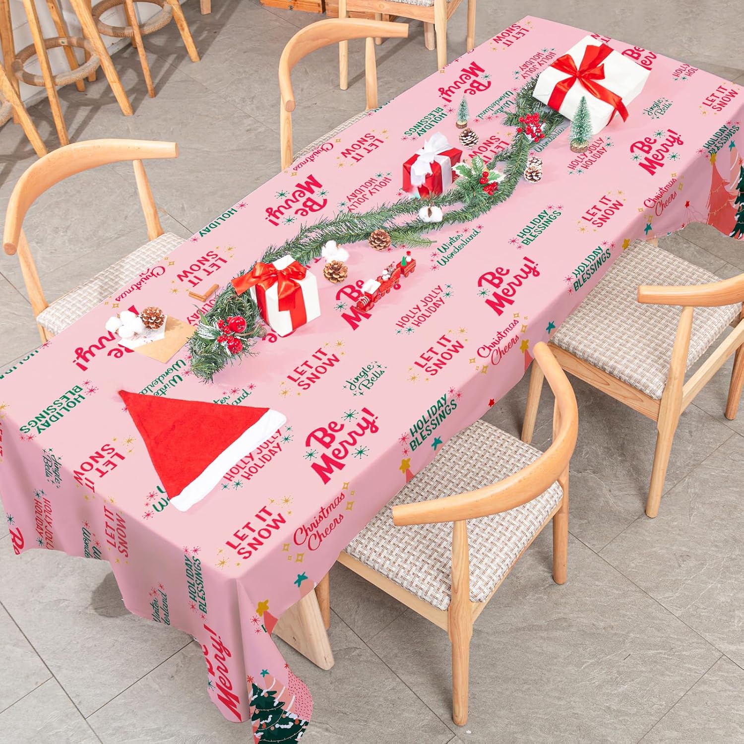 AnyDesign – Mantel rectangular de Navidad rosa con árboles de Navidad, mantel lavable para vacaciones de invierno, picnic, comedor, 60 x 104 pulgadas