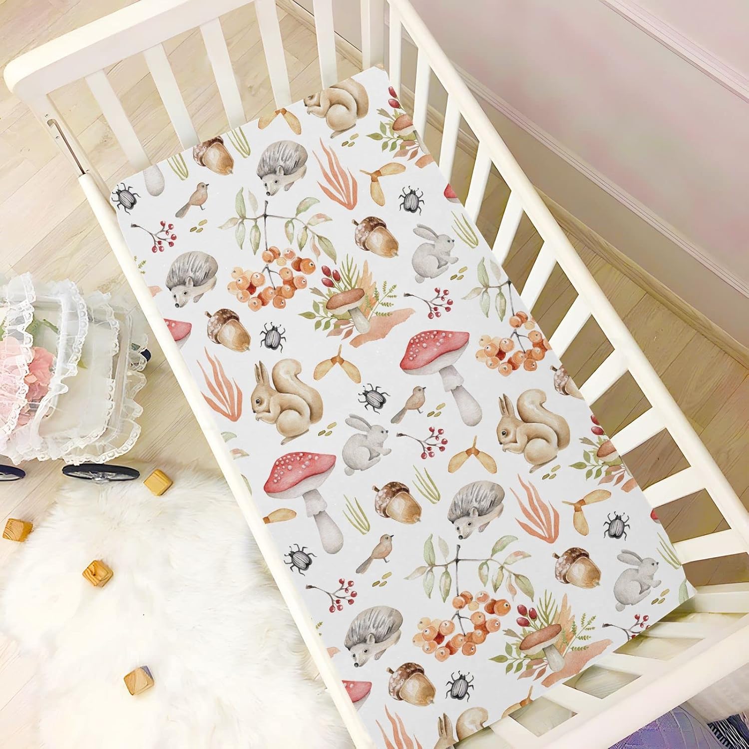 Sábanas ajustables para cuna, conejos en hongos, sábanas portátiles y elásticas para bebé pequeño, colchón suave y transpirable para cuna de 39 x 27