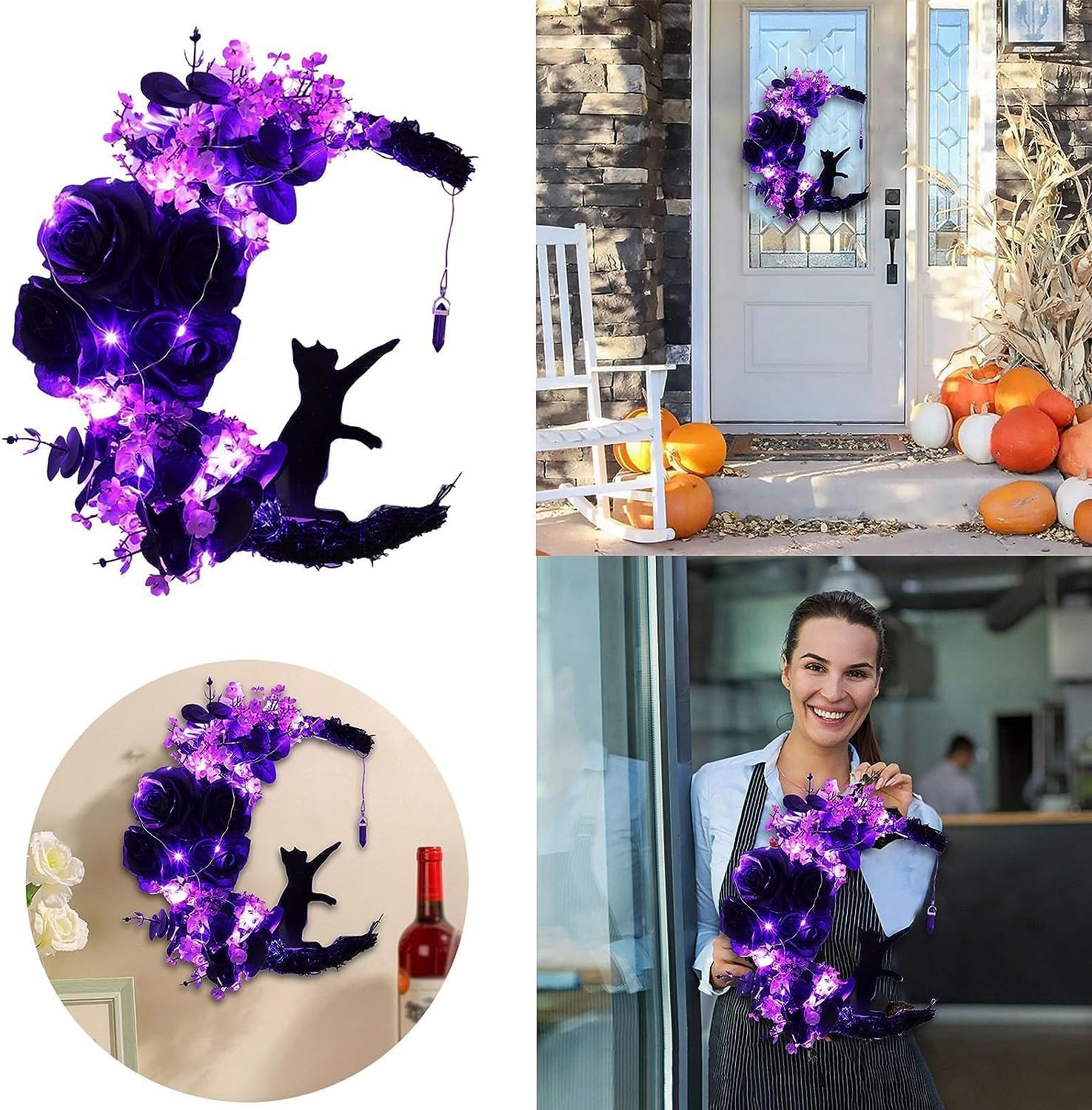 Corona de Halloween para puerta delantera, decoración de Halloween para puerta delantera, decoración de corona de luna para el hogar, dormitorio,