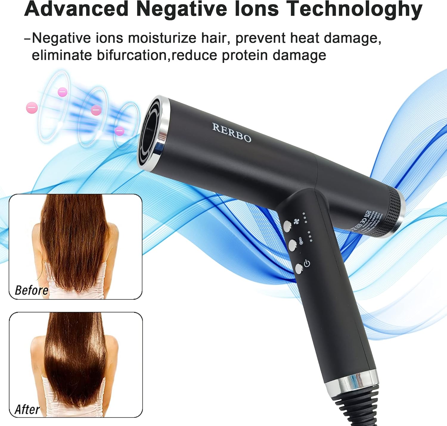 RERBO – Secador de pelo con difusor, secador iónico de 110,000 rpm, secador de pelo portátil profesional para el hogar, viajes y salón de belleza