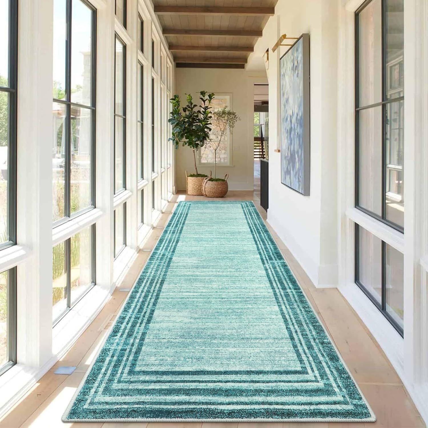 Lahome Alfombra moderna abstracta verde azulado de 2.5 x 10 pies, lavable, antideslizante, resistente a las manchas, parte trasera de goma,