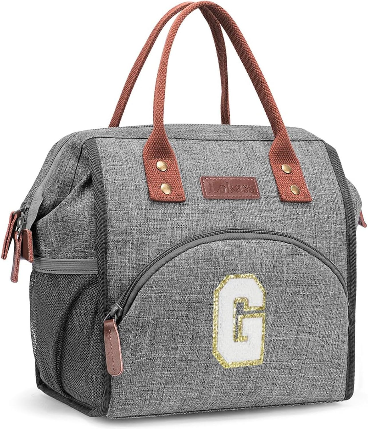 LOKASS Lonchera con iniciales para mujeres, bolsa de almuerzo aislada y reutilizable para adultos, para el trabajo, picnic, colegio, regalo