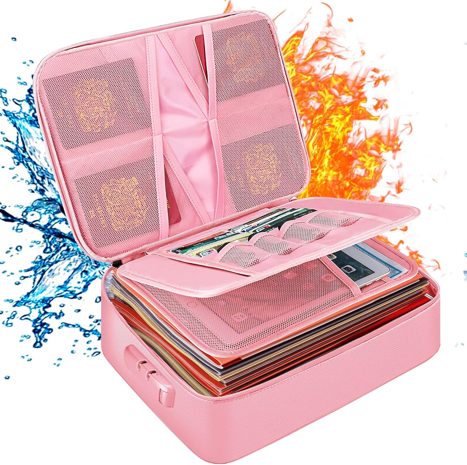 DocSafe Bolsa organizadora de archivos con cerradura, bolsa de documentos ignífuga con cremallera resistente al agua, 3 capas portátil de viaje,