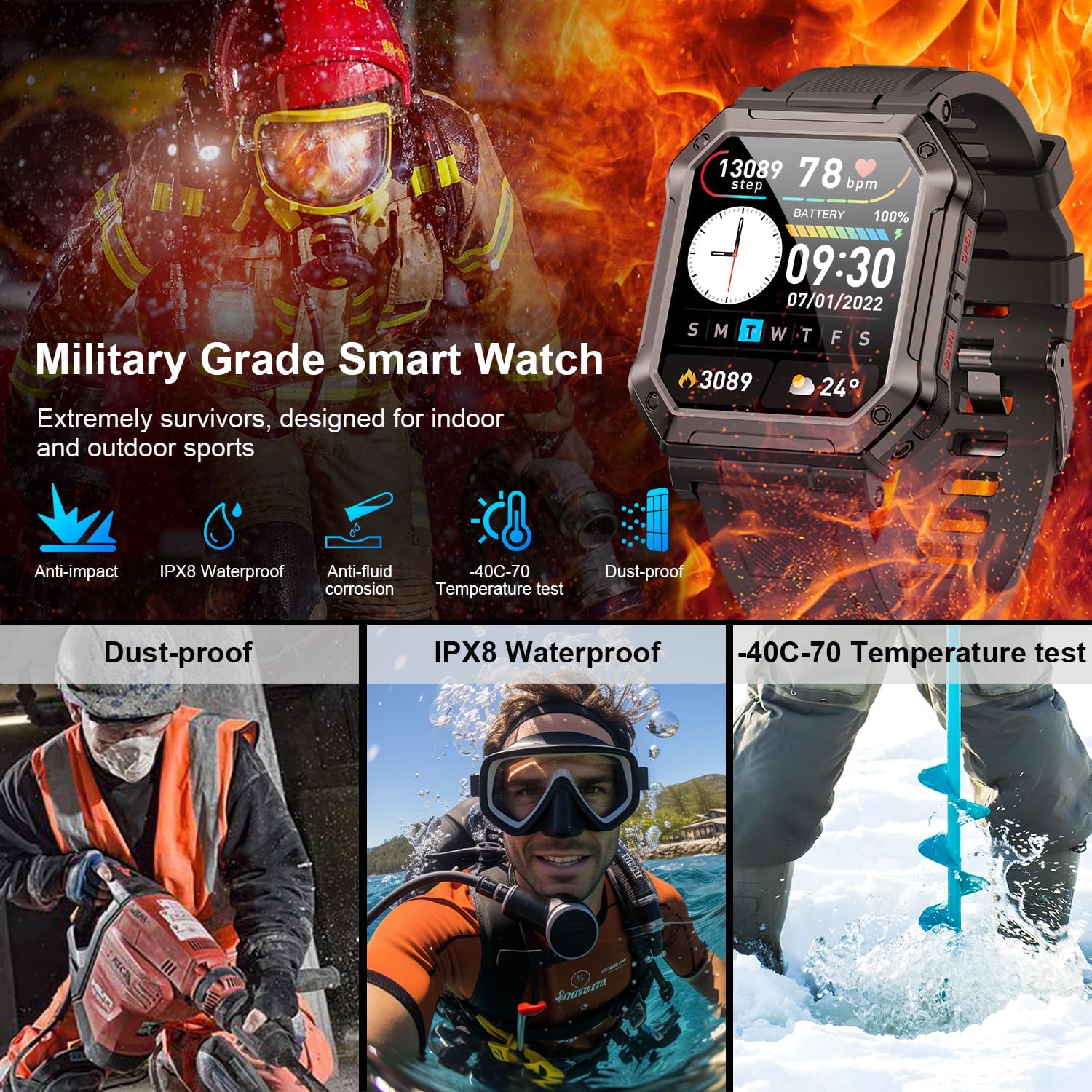 Reloj inteligente para hombre, rastreador de ejercicios (llamadarespuesta de llamadas) Bluetooth Militar Smartwatch para teléfonos Android, iPhone,