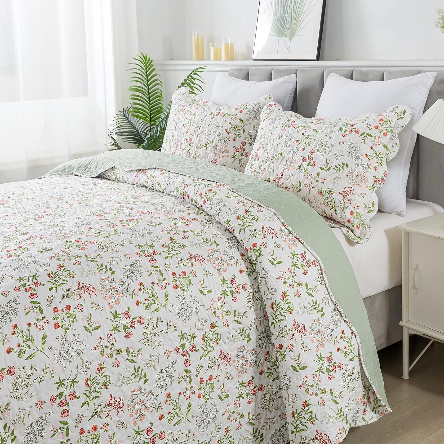 HoneiLife Colcha floral tamaño King  Juego de edredón de microfibra de 3 piezas, colchas ligeras de flores silvestres, funda de cama natural, juego
