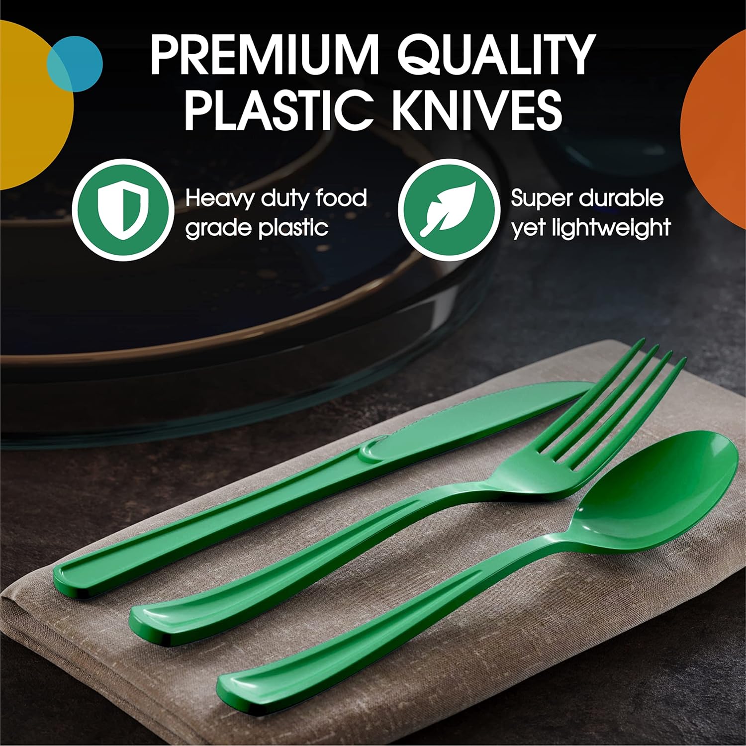Exquisite Cuchillos desechables de plástico verde, 50 piezas, cubiertos desechables de plástico verde resistente, cubiertos desechables verdes,