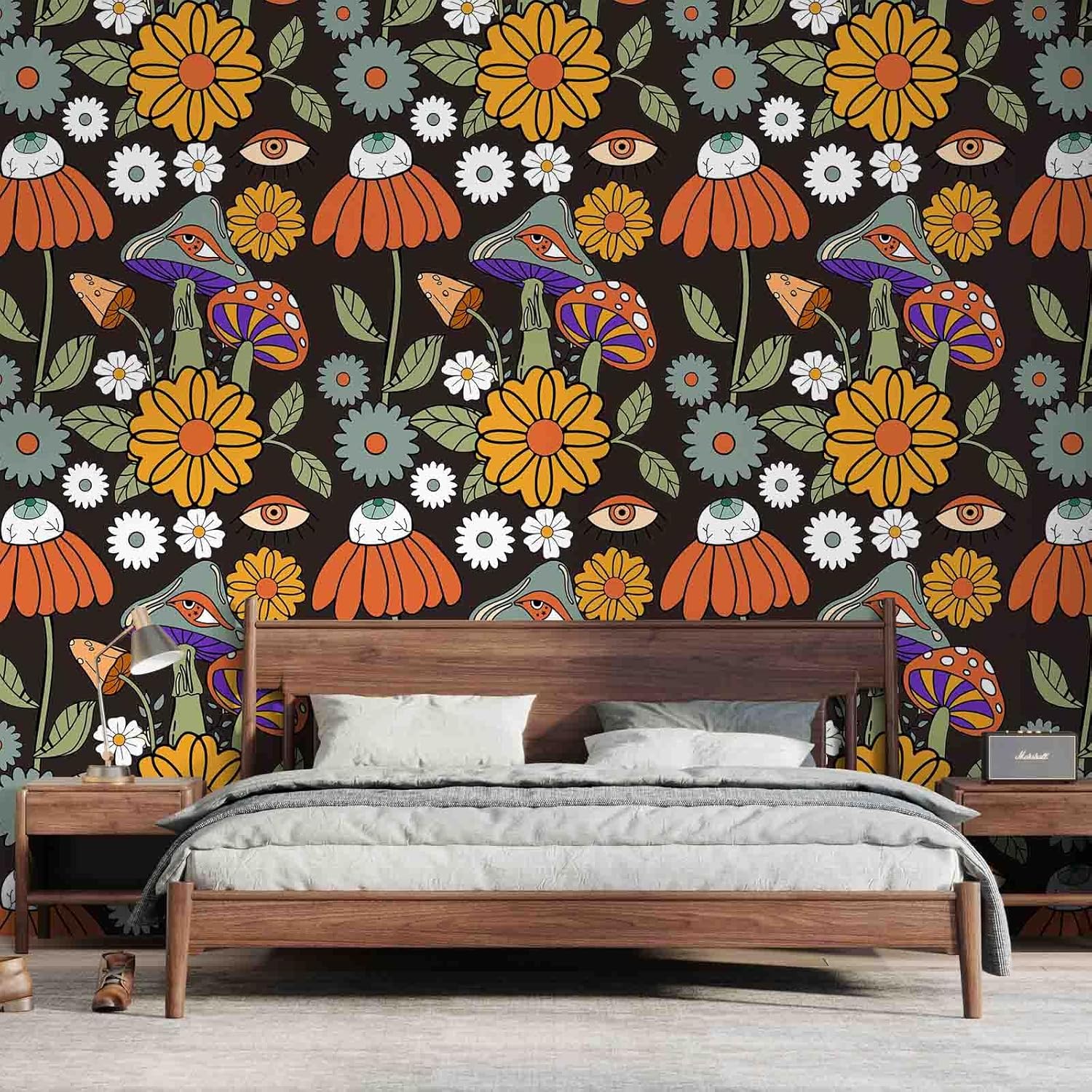 Abyssaly Papel tapiz autoadhesivo de vinilo con diseño de hongos, diseño de hongos del bosque, removible para dormitorio, papel de pared