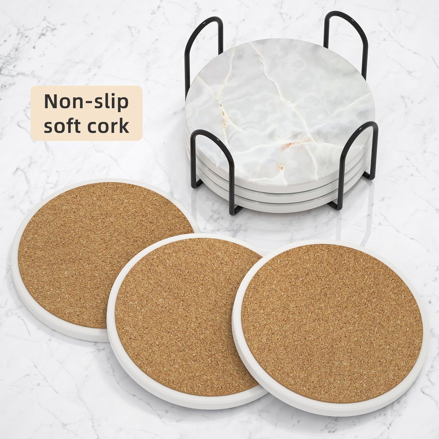 BUYAOBL Posavasos absorbentes con soporte, juego de 6 posavasos absorbentes, posavasos de ágata de cerámica de mármol, base de corcho para mesa de