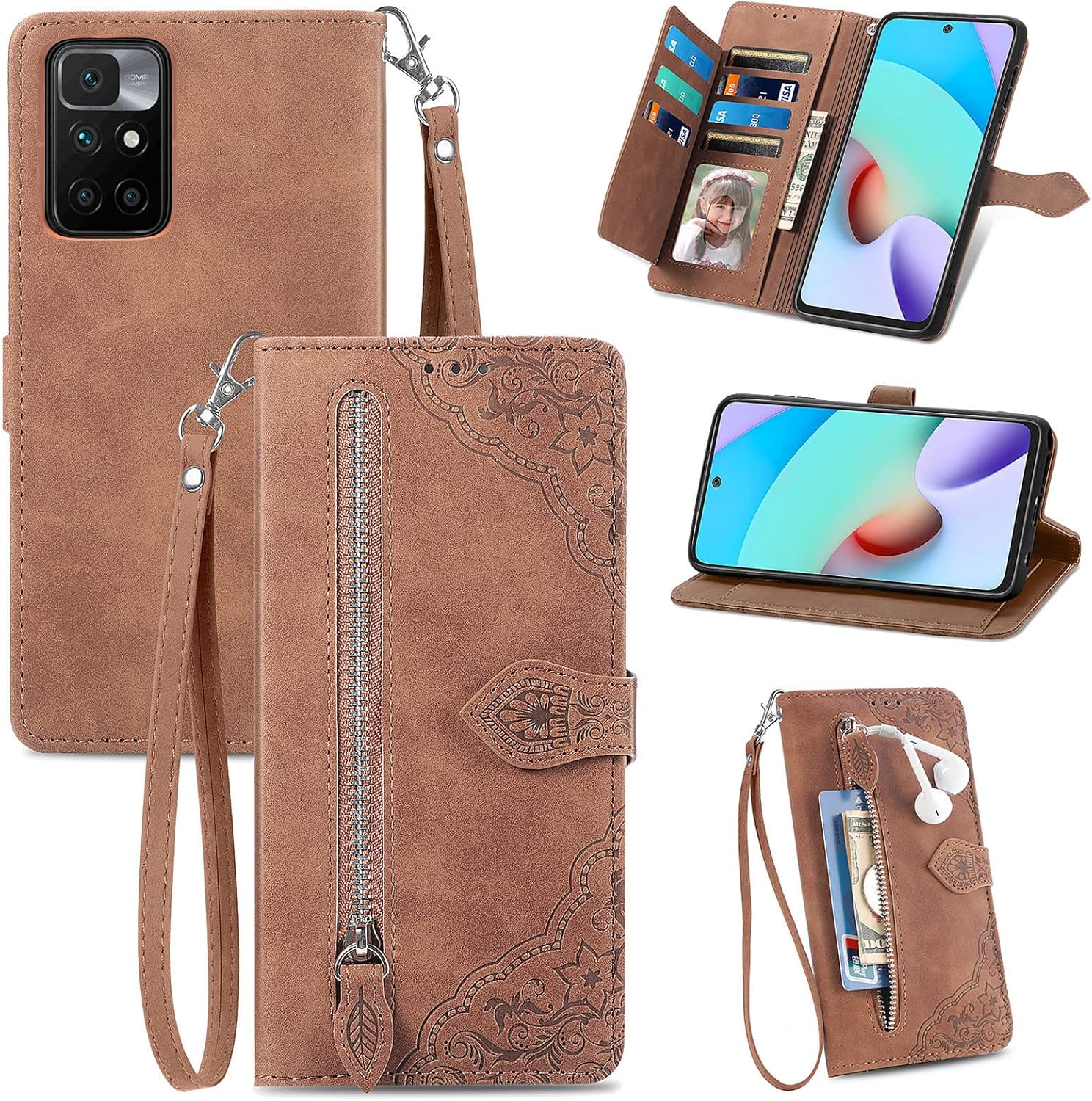 Funda tipo cartera con diseño de almacenamiento con cremallera para Xiaomi Redmi Note 11 4G, piel agradable al tacto con cierre magnético y ranuras