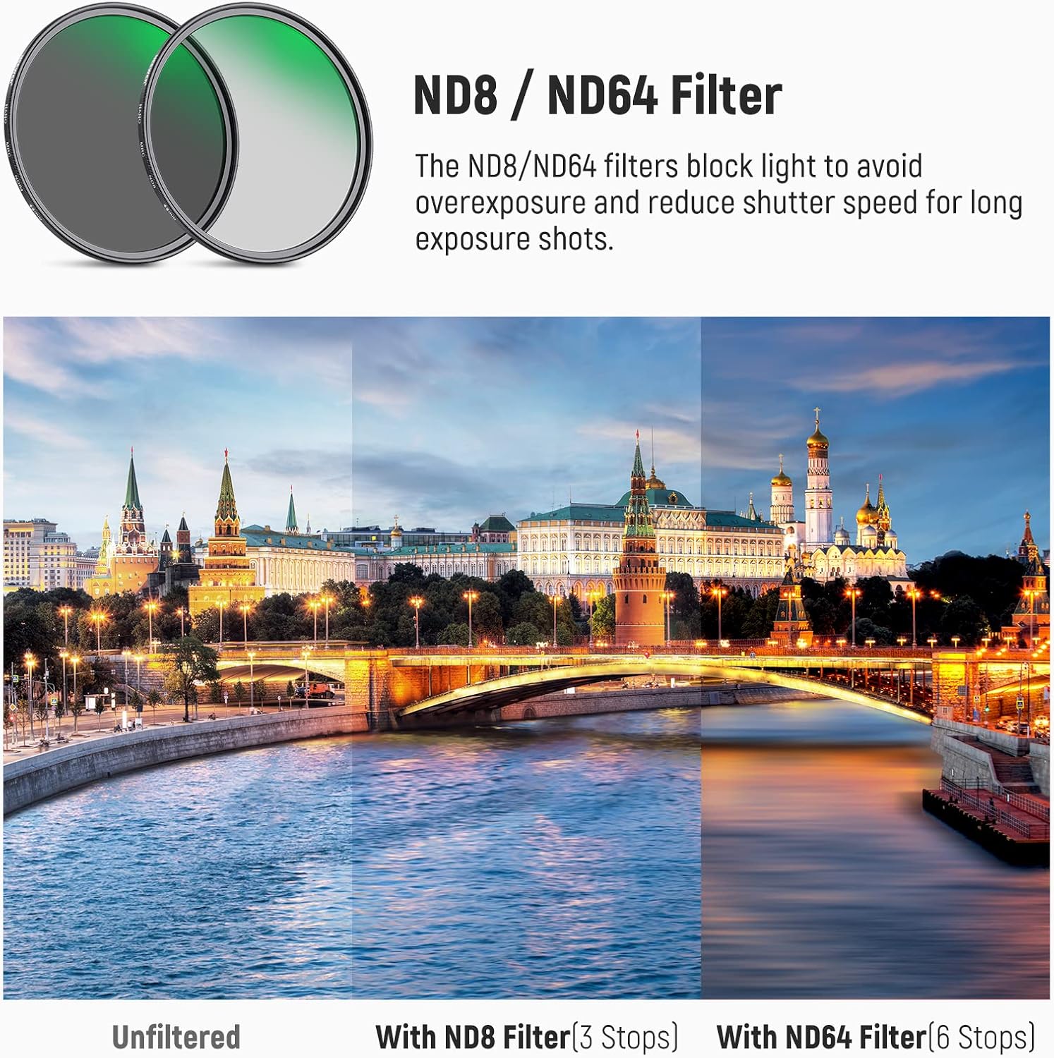 NEEWER Kit de filtro de lente de 1.693in ND8 ND64 CPL, kit de filtro de polarizador circular con 30 capas de nano-revestimientovidrio óptico HD,