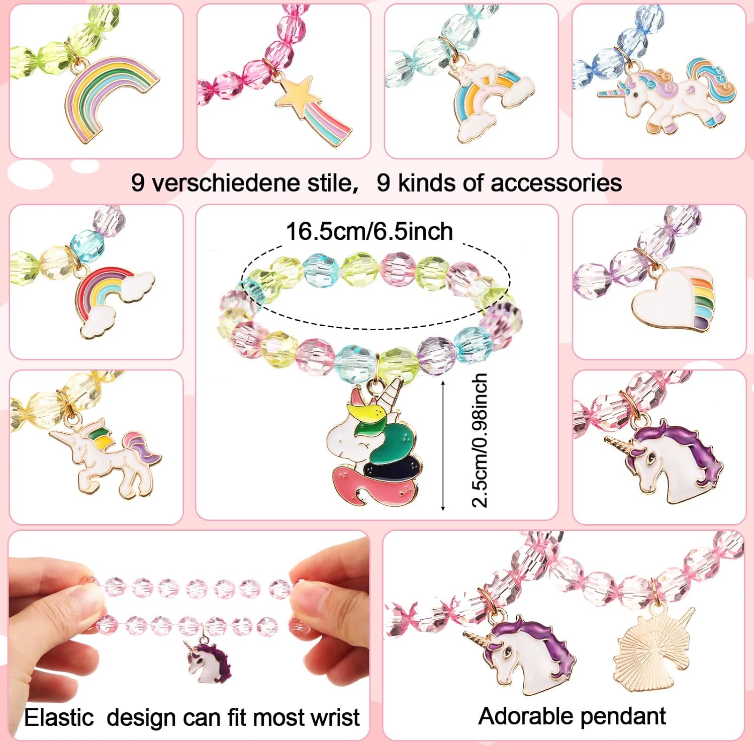 Jexine Los recuerdos de fiesta de unicornio de 18 piezas incluyen 9 diademas de unicornio y 9 pulseras de cuentas de arcoíris de unicornio, diadema