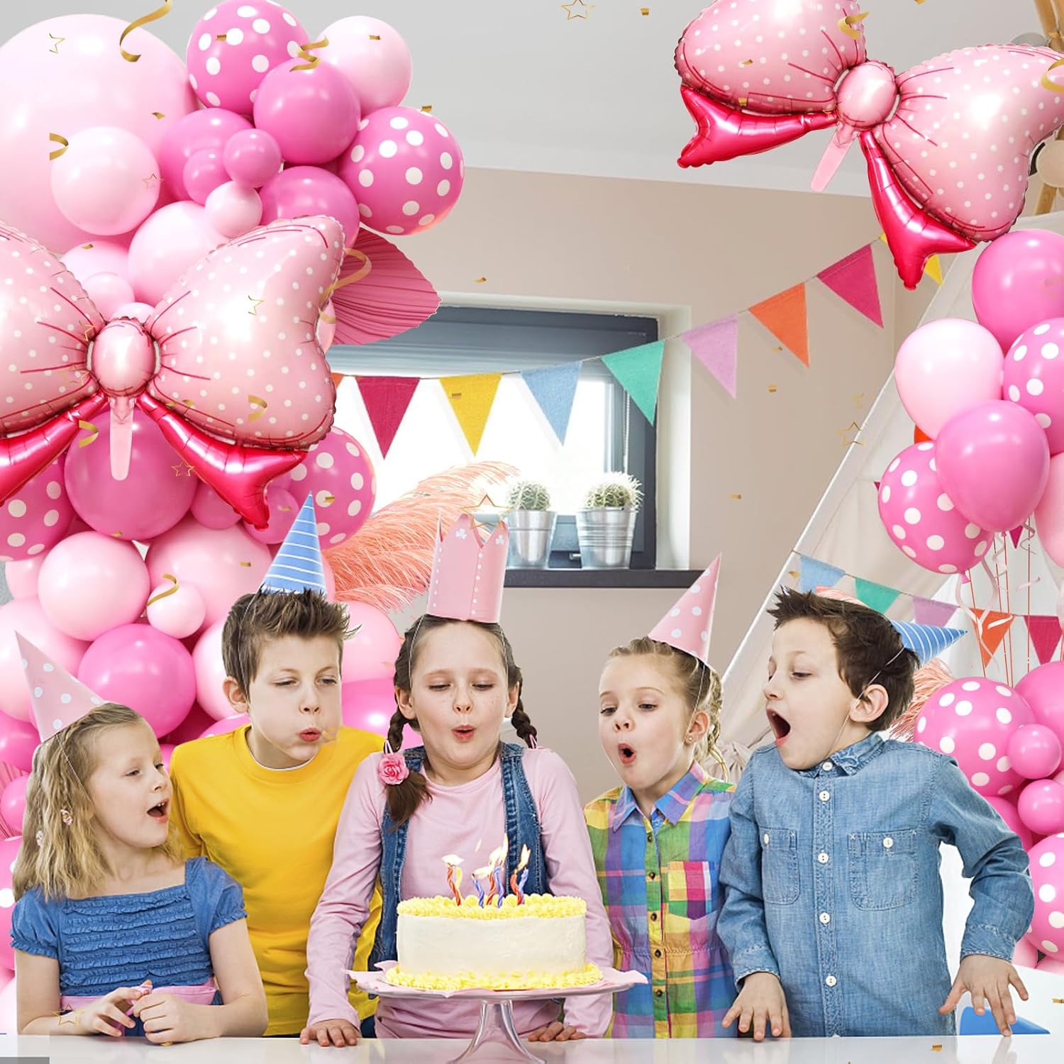 Decoraciones de cumpleaños de ratón rosa, kit de guirnalda de arco de globo de ratón rosa con pajarita rosa, lunares rosa intenso para niñas,