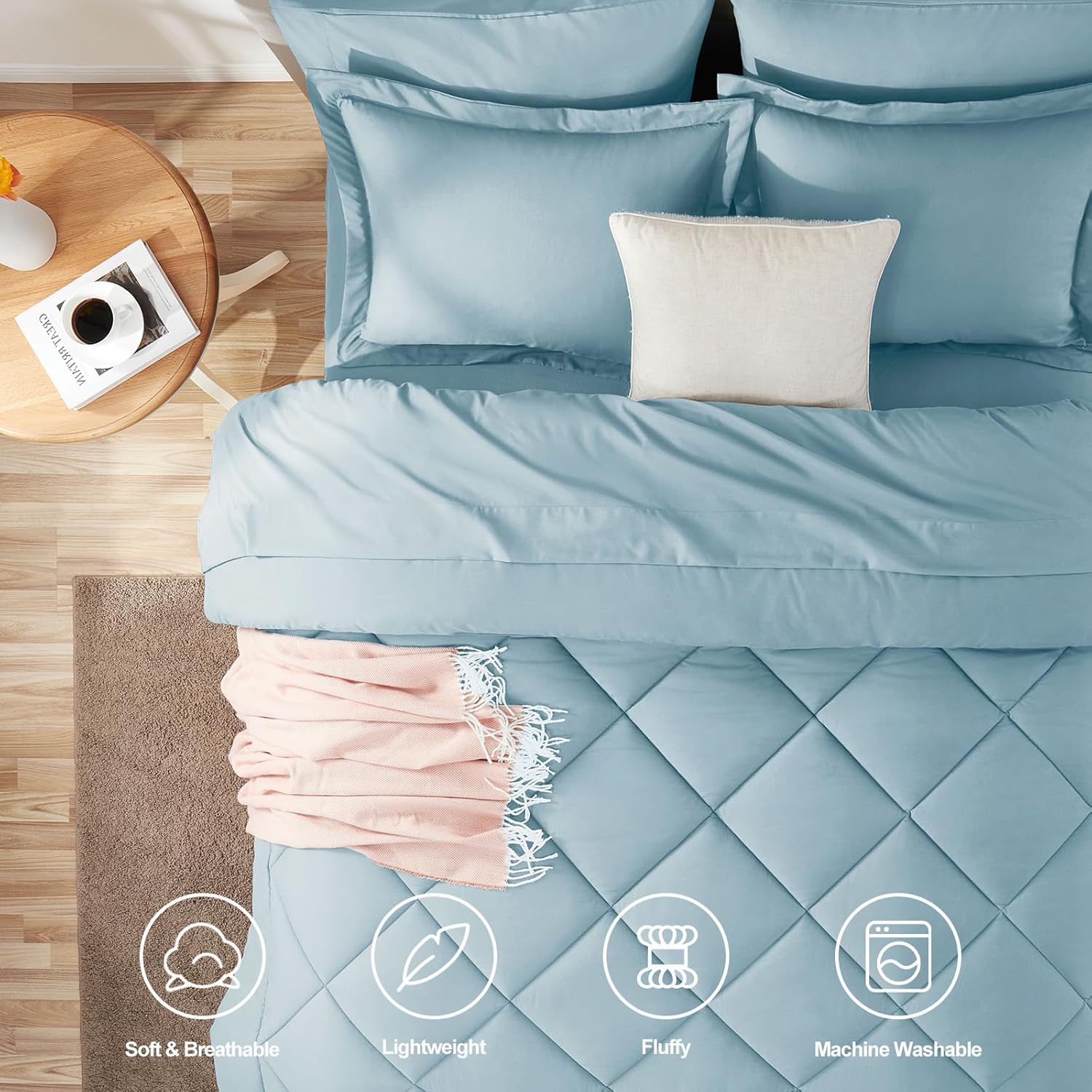 CozyLux Juego de edredón matrimonial con sábanas de 7 piezas, ropa de cama en una bolsa, color azul claro, para todas las estaciones, con edredón,