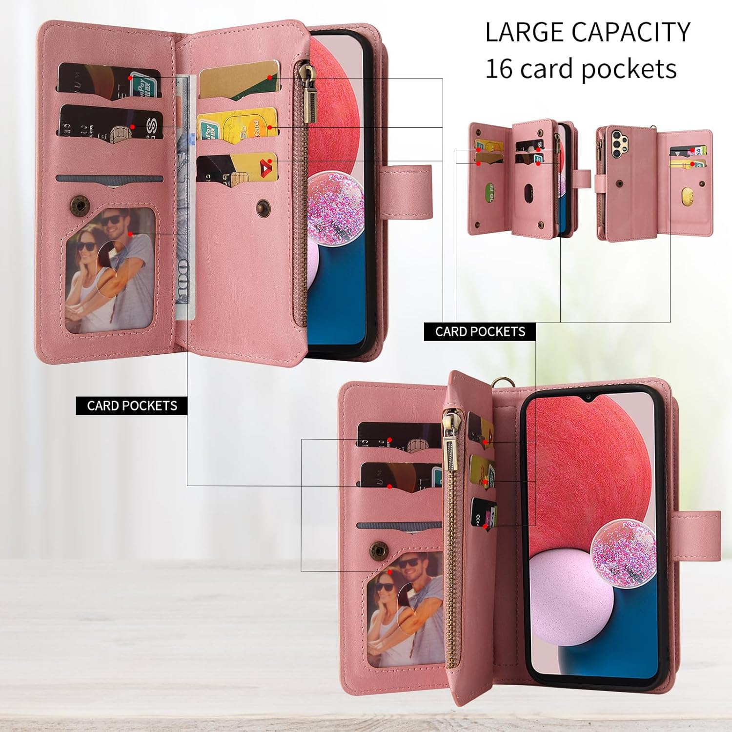 Asuwish Funda de teléfono para Samsung Galaxy A13 4G Funda tipo cartera con protector de pantalla de vidrio templado y correa para la muñeca de