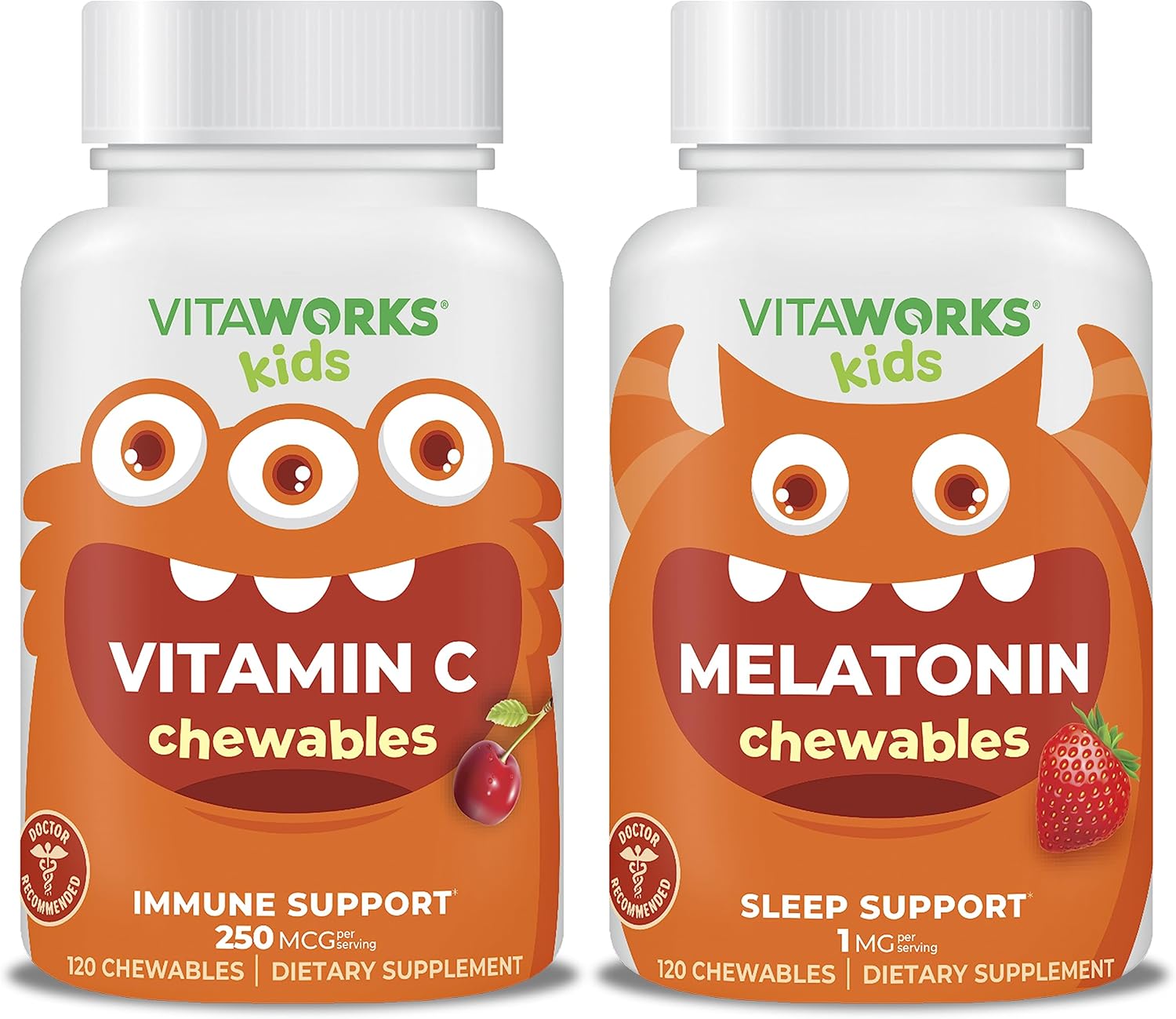 VitaWorks Paquete de masticables de vitamina C de 250 mg + melatonina de 1 mg masticables para niños