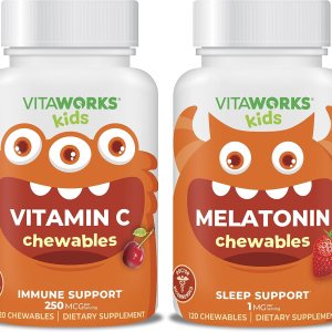 VitaWorks Paquete de masticables de vitamina C de 250 mg + melatonina de 1 mg masticables para niños VitaWorks Paquete de masticables de vitamina C de 250 mg + melatonina de 1 mg masticables para niños