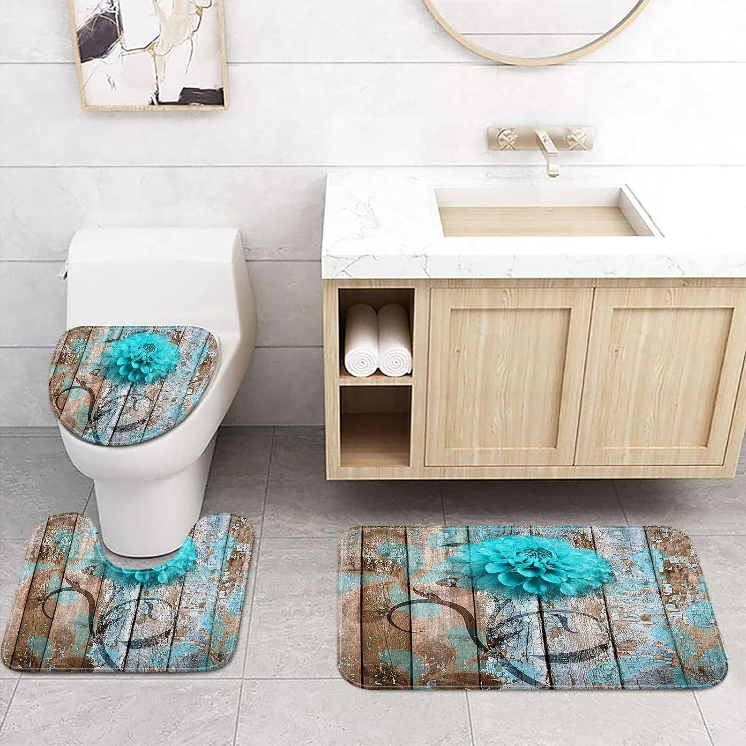 JAWO Alfombra de baño con flores y flores, color verde azulado sobre tablones de madera rústica, juego de tapetes de baño color azul turquesa y azul
