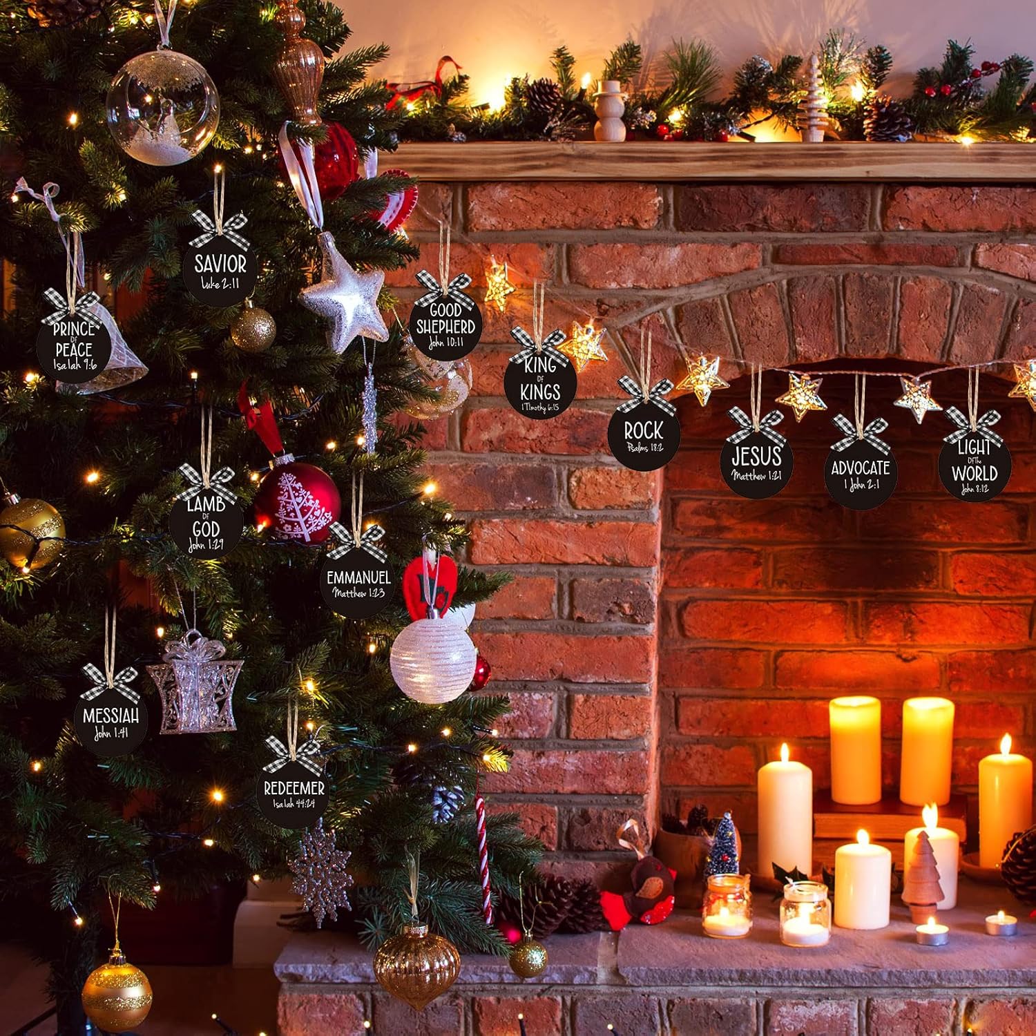12 piezas de adornos navideños con nombres de Cristo, adornos colgantes de madera con nombres de salvador, adorno para árbol de Navidad con bolsa de
