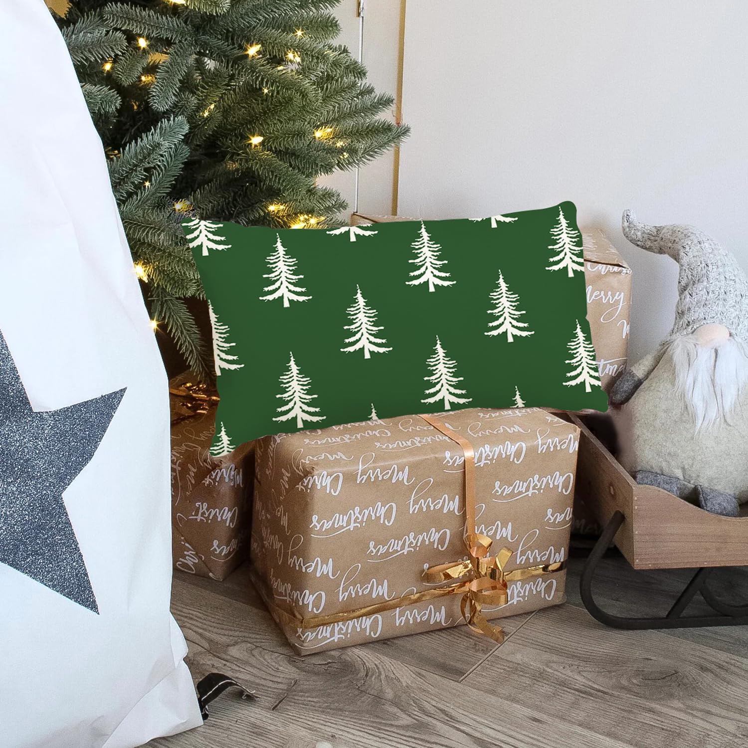 Fundas de almohada de Navidad de 12 x 20 pulgadas, árboles de Navidad, decorativas, decoración de fiestas, funda de cojín verde para el hogar, sofá
