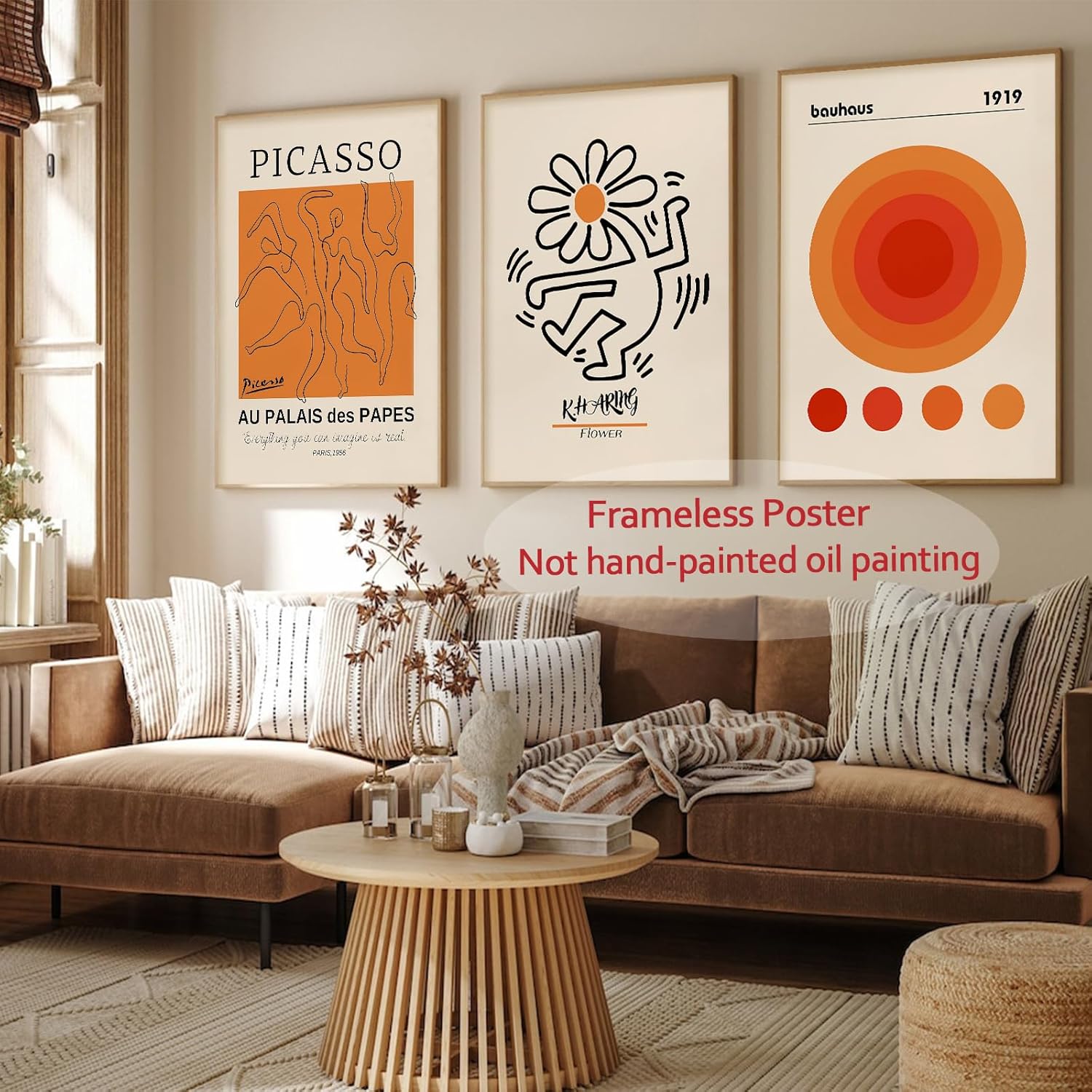 Arte de pared naranja de mediados de siglo, Keith Haring Bauhaus Picasso, arte de pared, póster de la exposición Picasso Bauhaus, lienzo beige y