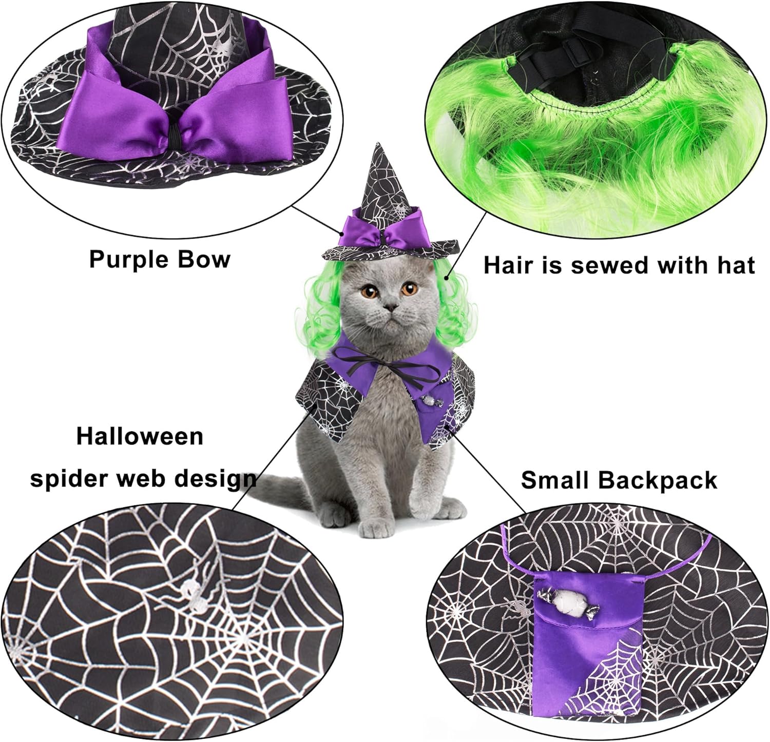 ADOGGYGO Disfraz de Halloween de gato, disfraz de bruja de gato morado, capa de gato, disfraz de sombrero de bruja para gatos y gatitos (bruja-2)