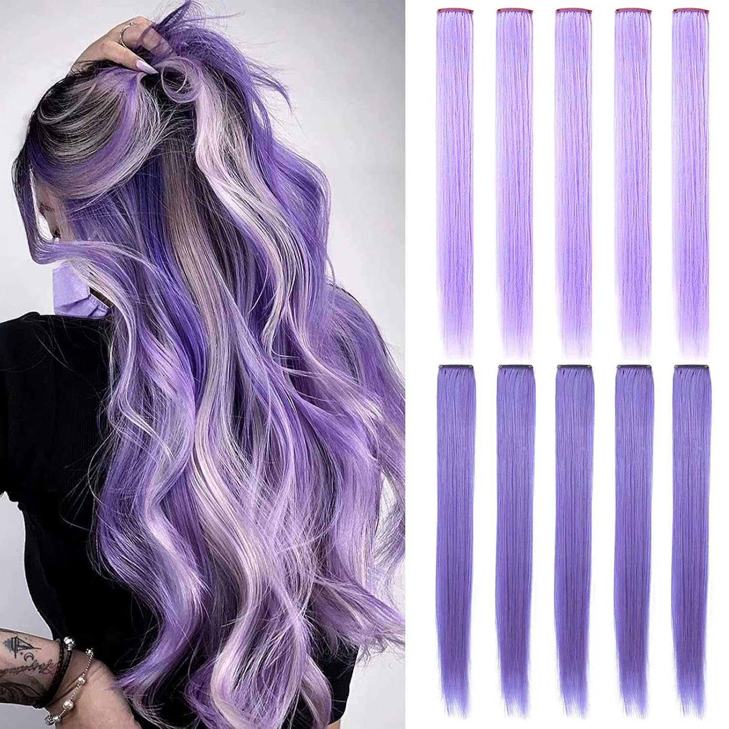 10 extensiones de cabello de color lavanda y morado claro de 21 pulgadas para niñas, extensiones de cabello de color con clip para mujer,