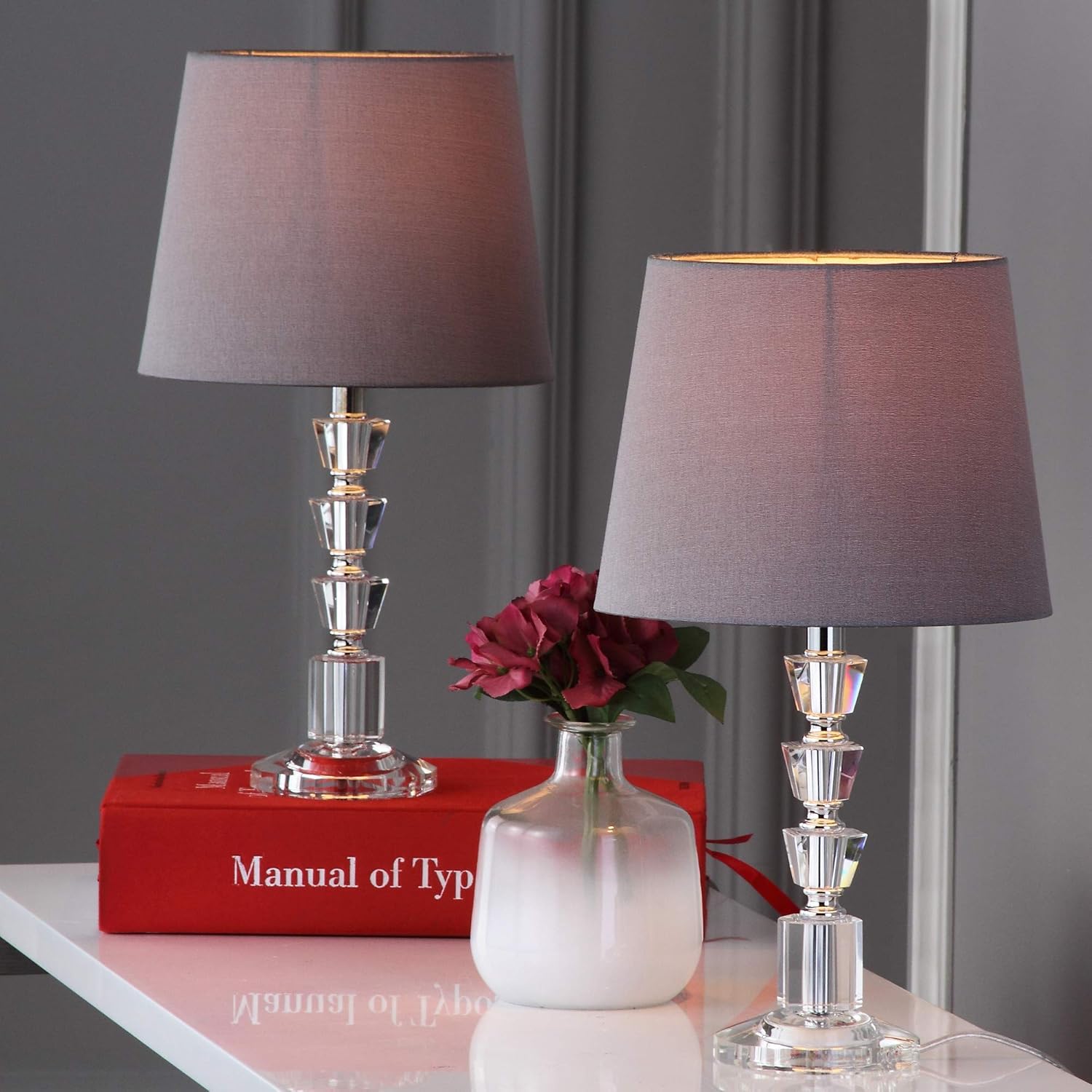 SAFAVIEH Lighting Collection Harlow – Juego de 2 lámparas de mesa de noche con cristales escalonados, color gris, 16 pulgadas, para dormitorio, sala