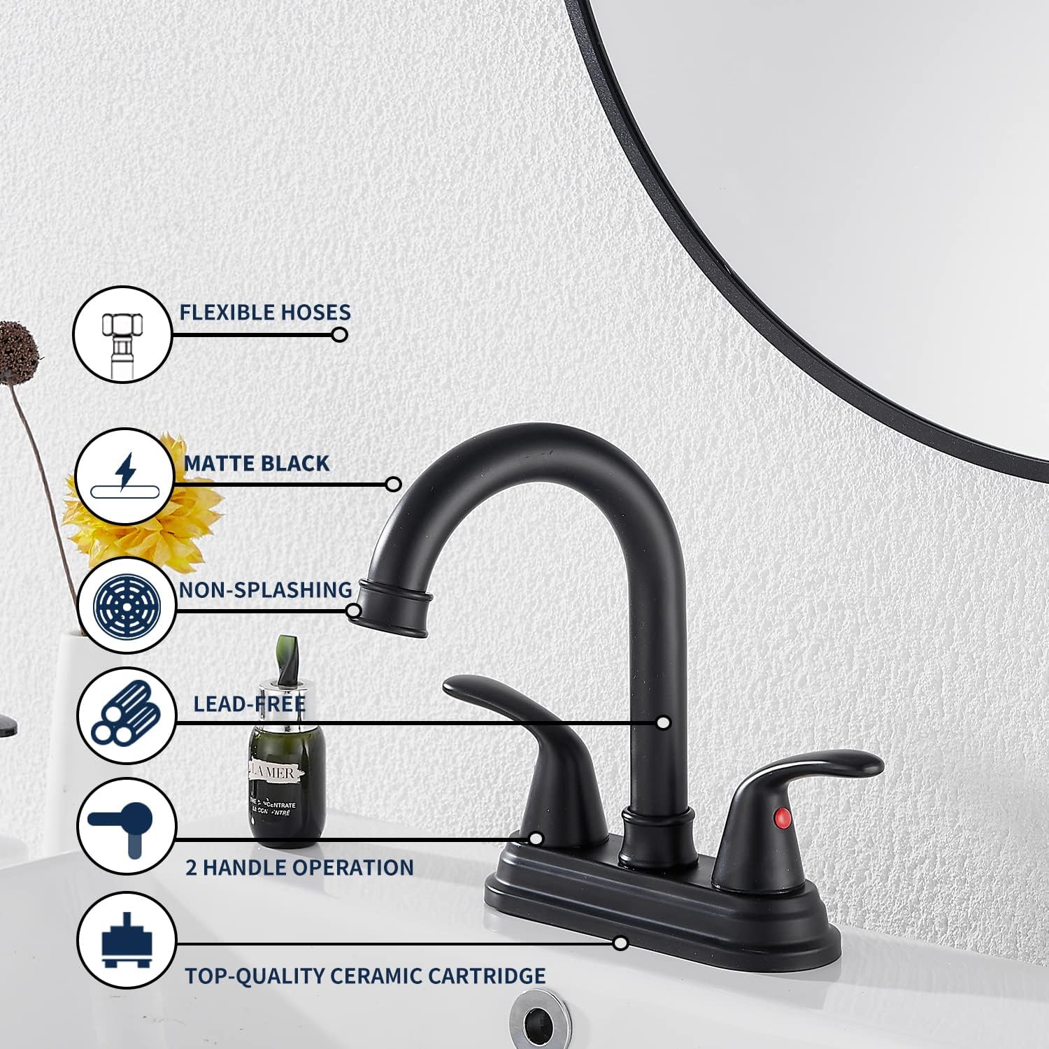 GGStudy – Grifo de baño negro mate con 2 asas de 4 pulgadas, juego central negro para autocaravana, con montaje de drenaje y manguera de suministro,