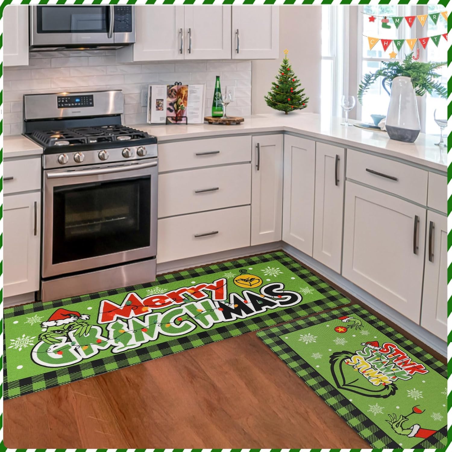 DIFKLMOX Juego de 2 tapetes de cocina con texto en inglés “Merry Christmas”, color rojo y verde, antideslizantes, absorbentes, tapetes de cocina