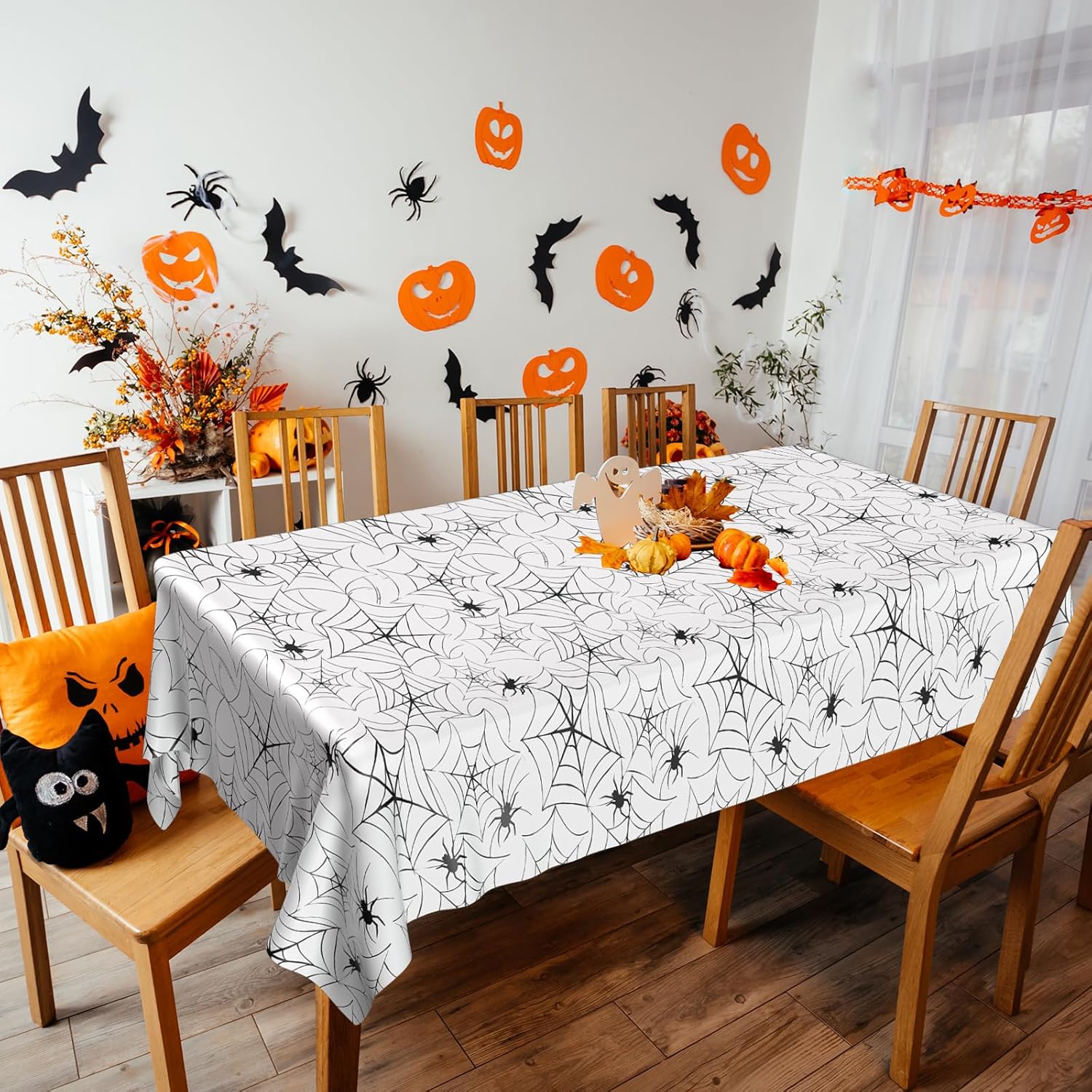 PLULON Paquete de 2 manteles de Halloween de 54 x 108 pulgadas, mantel de plástico de tela de araña para decoración de mesa de cena de vacaciones,
