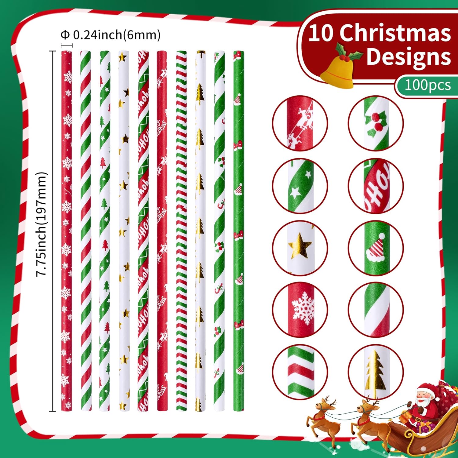 Paquete de 100 popotes de papel de Navidad, 7.75 x 0.24 pulgadas, 10 colores surtidos para árbol de Navidad, Año Nuevo, vacaciones, fiesta (0.24 x