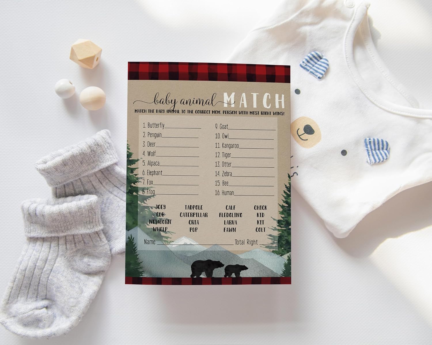 Juego de baby shower de leñador a juego de animales para todas las ocasiones, actividades divertidas de adivinanzas, juego de invitados, oso rústico