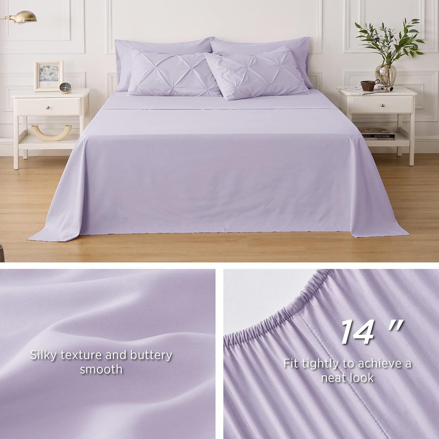 Bedsure Juego de edredón de color morado claro tamaño King, juego de ropa de cama King de 7 piezas, ropa de cama con pintuck en una bolsa, juego de